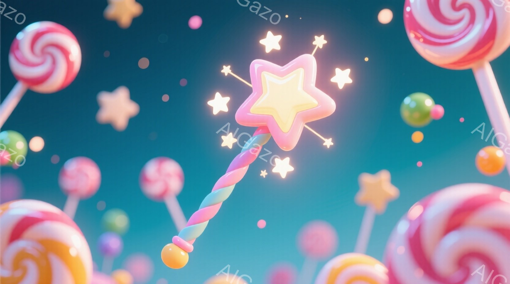 鮮やかなターコイズブルーの背景に、カラフルなキャンディが浮かんでいます。ピンクと白のねじれた棒に、黄色とオレンジの球体と星形の装飾が施された魔法の杖が中央に配置され、周囲には様々な色の星とキャンディが - AI生成フリー素材