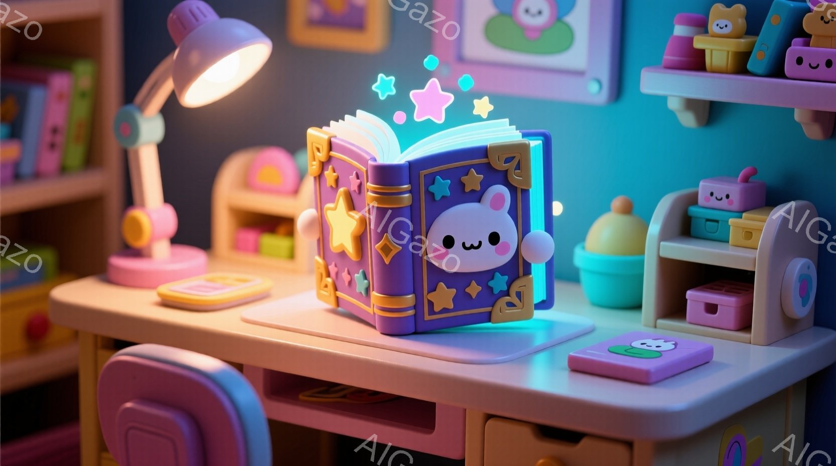 明るい紫色の机の上に、星の装飾がされた開いた青い本があり、中から光の粒子が舞い上がっている。本のページには、丸くて可愛らしい白い生き物が描かれており、穏やかな表情をしている。背景には、おもちゃや本棚な - AI生成フリー素材