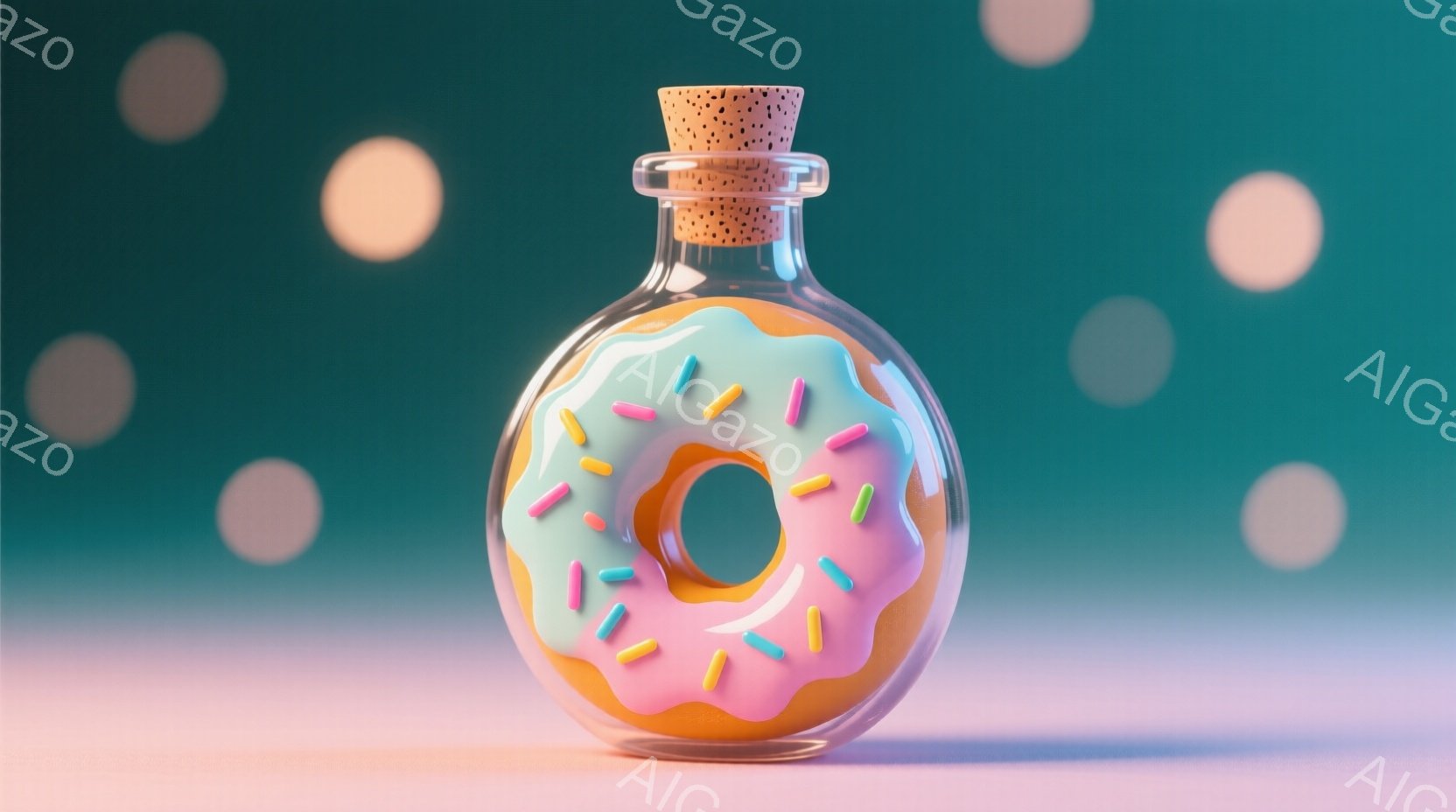 鮮やかなパステルカラーの背景に、ドーナツがガラス瓶に入った様子が描かれています。ドーナツは水色のアイシングで覆われ、ピンクとオレンジの縁取りが施され、カラフルなスプリンクルが散りばめられています。瓶は - AI生成フリー素材