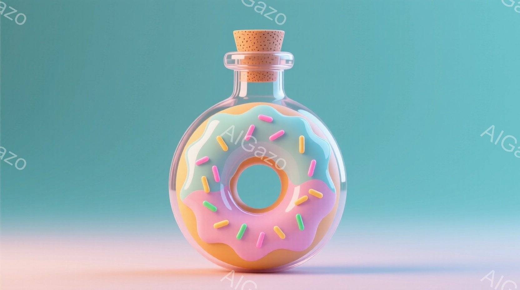 カラフルなドーナツが、透明な瓶の中に入っています。ドーナツはパステルピンクと黄色いアイシングで覆われ、小さなカラフルなスプリンクルが散りばめられています。背景は淡いピンクと水色で、全体的に柔らかく、遊 - AI生成フリー素材