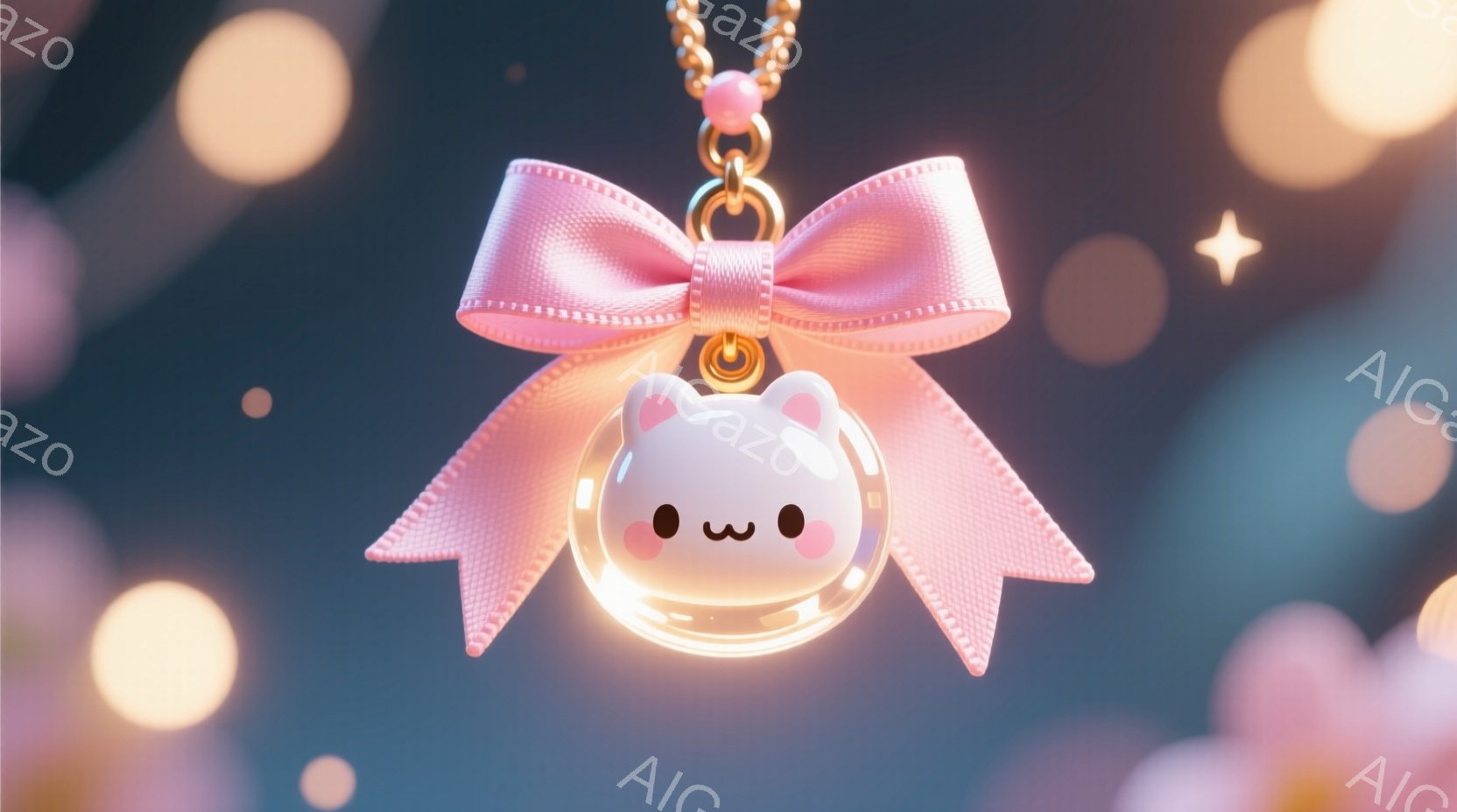 ピンクのリボンで飾られた透明な球体のペンダントが描かれています。球体の中には、可愛らしい頬紅の入った白い猫の顔が描かれており、つぶらな瞳が印象的です。背景にはぼやけた光の粒子と、薄いピンク色の花びらが散りばめられており、幻想的で優しい雰囲気を醸し出しています。