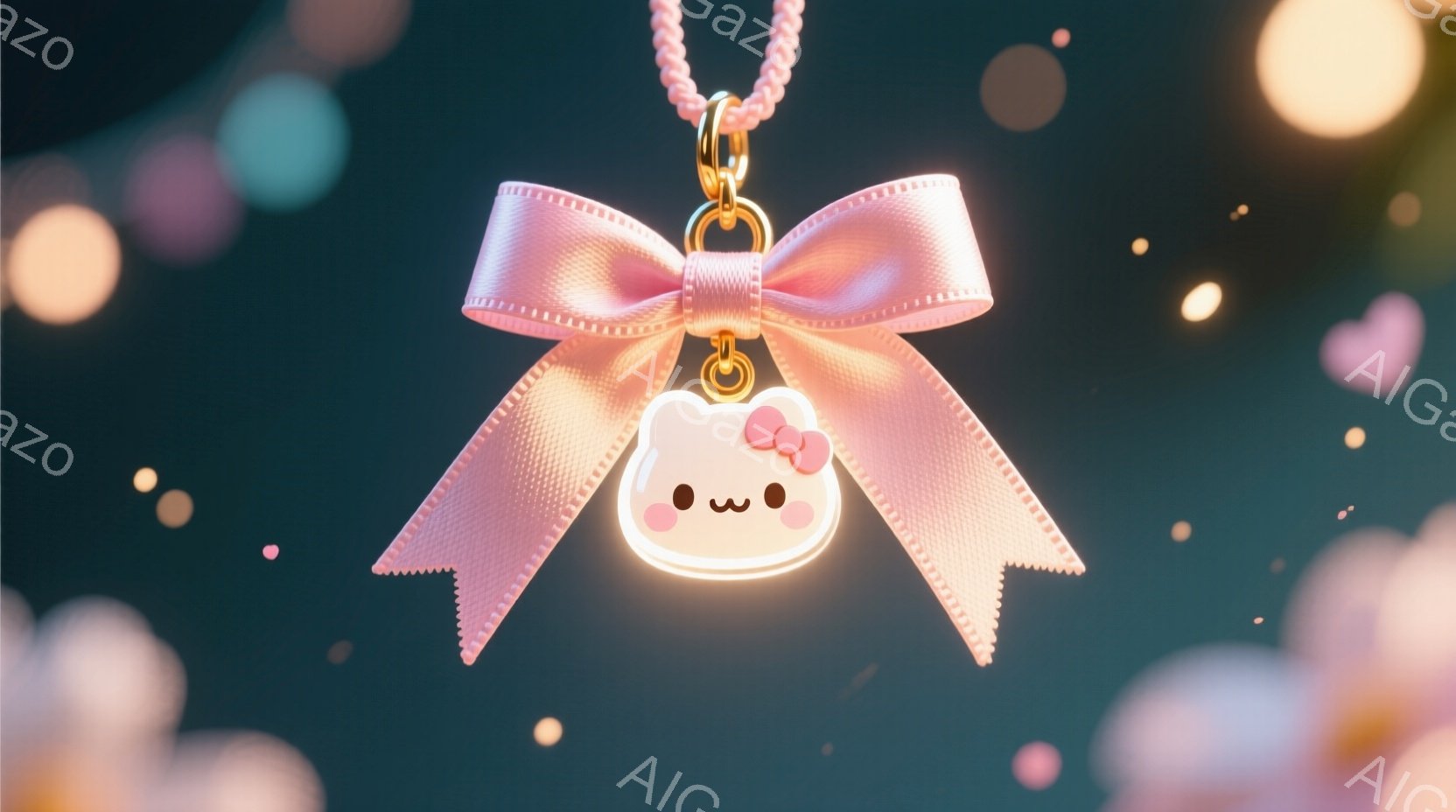 明るい光を放つ、かわいらしいピンク色のリボンと猫のペンダントが描かれています。猫のペンダントは丸く、つぶらな瞳と小さな口が特徴で、頭には小さな赤いリボンをつけています。背景は濃い緑色で、ぼかしたピンクや黄色の光が散りばめられ、ファンタジックで夢のような雰囲気を醸し出しています。