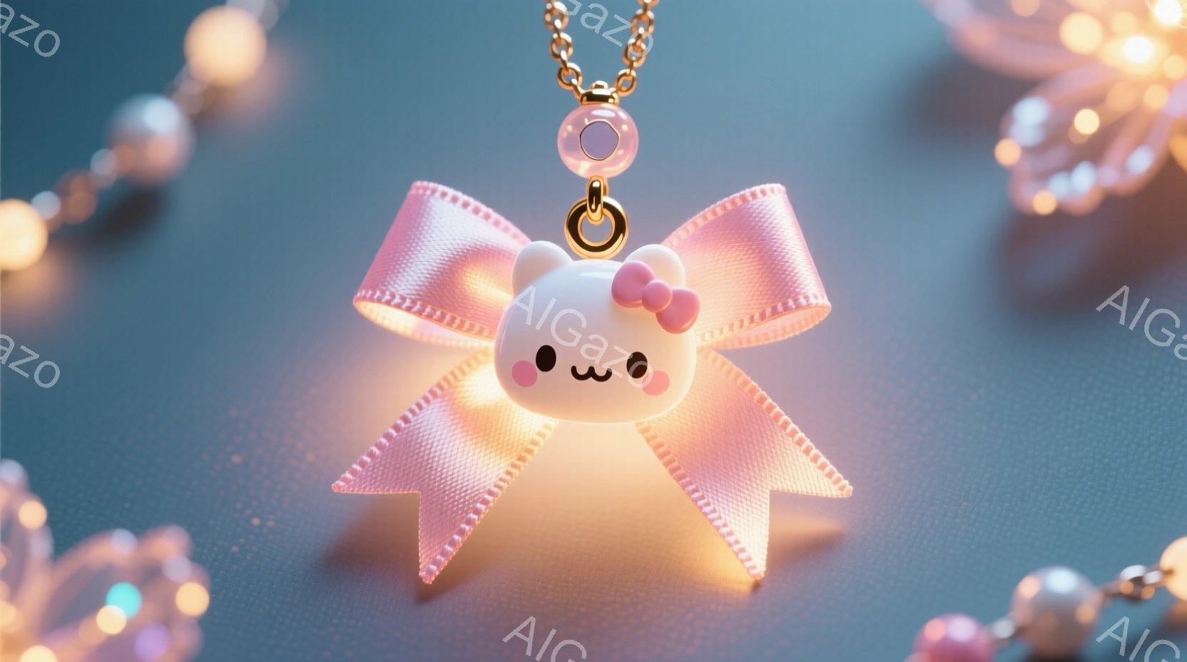 淡いピンクのリボンで飾られた、丸くてふわふわしたキャラクターが、金色のチェーンで吊るされています。キャラクターはつぶらな瞳と小さな口で愛らしい表情をしており、柔らかい光で照らされています。背景には、ぼやけたピンクと白の光の玉が散りばめられており、夢のような雰囲気を作り出しています。