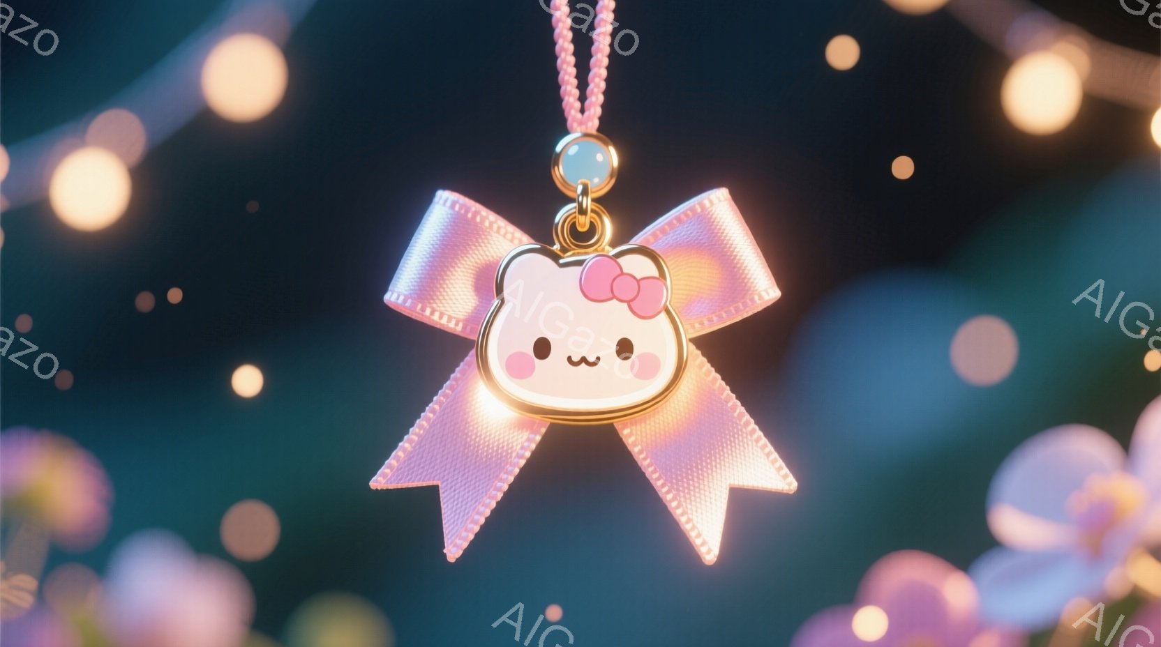 ピンクのリボンと金色の縁取りが施された可愛らしいペンダントです。中央には、頬を赤らめた小さな女の子の顔が描かれており、つぶらな瞳と控えめな笑顔が特徴です。背景は、ぼやけたピンク色の花々と、きらめく光の粒子で満たされており、夢のような雰囲気を醸し出しています。