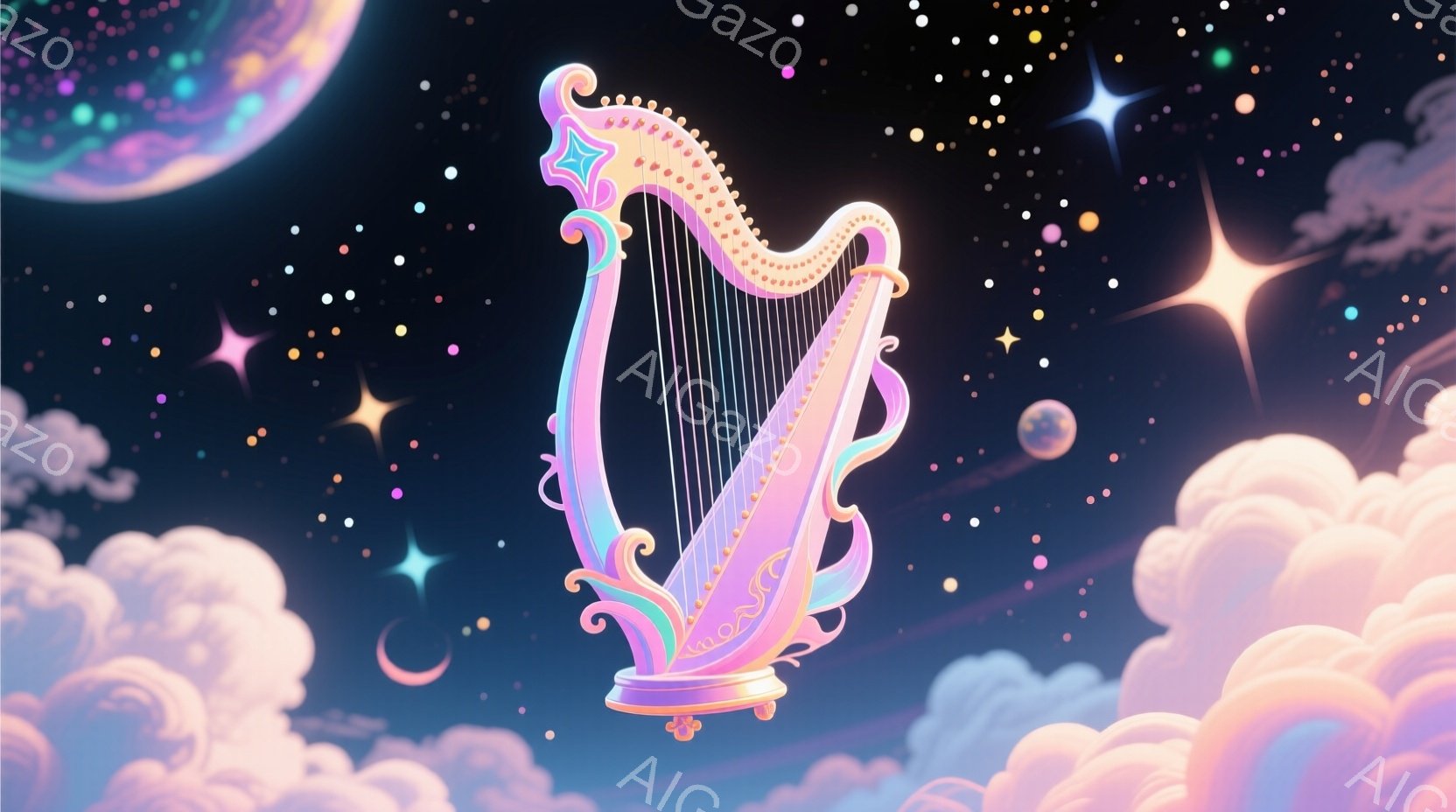 鮮やかなピンクと紫色のハープが、ふわふわとした雲と星空の中に浮かんでいます。ハープは豪華な装飾が施されており、光沢のある素材でできています。背景には月と惑星がぼんやりと見え、夢幻的で穏やかな雰囲気を醸 - AI生成フリー素材