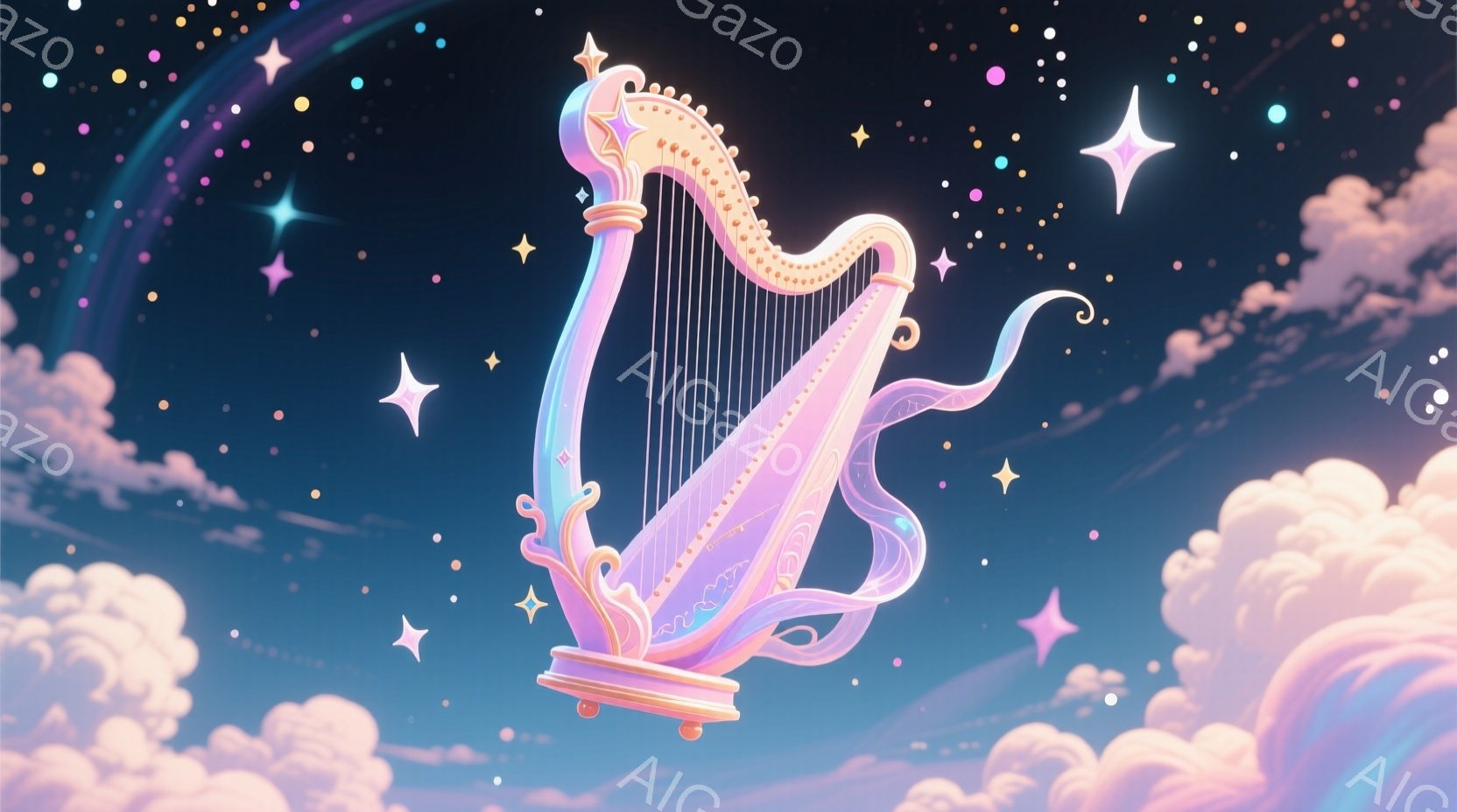 鮮やかなピンクと紫色のハープが、雲と星が浮かぶ夜空に浮かんでいます。ハープは装飾的で、まるで夢のような雰囲気を醸し出しており、明るい光沢のある素材でできています。背景は淡いピンクと紫の雲と、きらめく星で満たされており、幻想的で穏やかな雰囲気を伝えています。