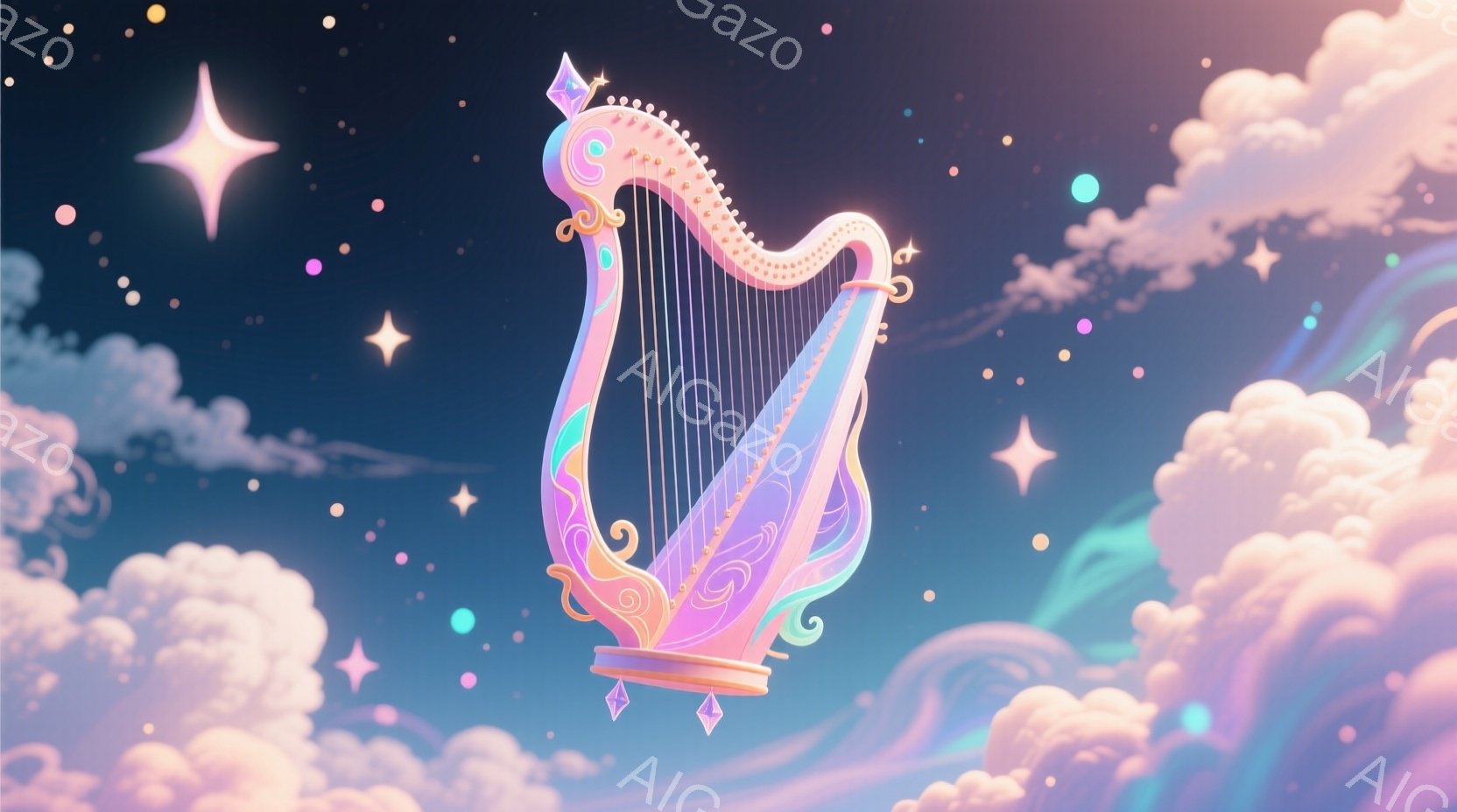 雲と星が散りばめられた夜空に、幻想的なハープが浮かんでいます。ハープは淡いピンク、紫、水色のグラデーションで彩られ、宝石のような装飾が施されています。全体的に夢幻的で、穏やかで美しい雰囲気が漂っていま - AI生成フリー素材