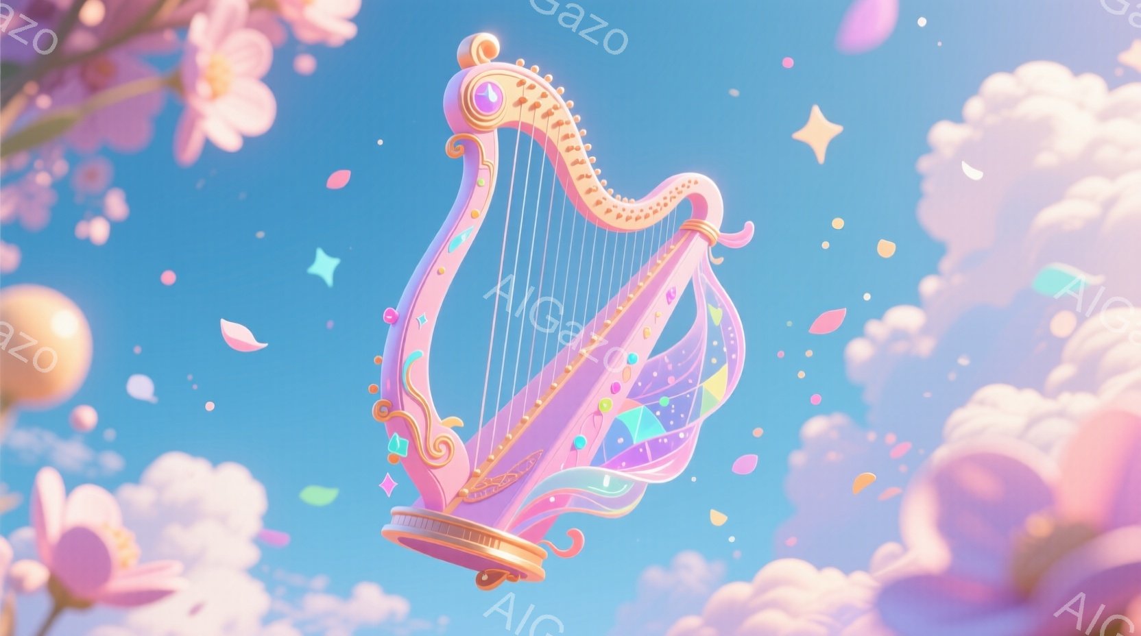 ファンタジー的なスタイルで、中央に楽器を持つキャラクターが描かれています。キャラクターはポップなデザインの翼や触手を持ち、天空を飛んでいます。背景は柔らかなカラフルな雲と花々が飾り立てる印象的なスカイによって味付けされた美しい風景で、全体として夢幻のような雰囲気を持っています。