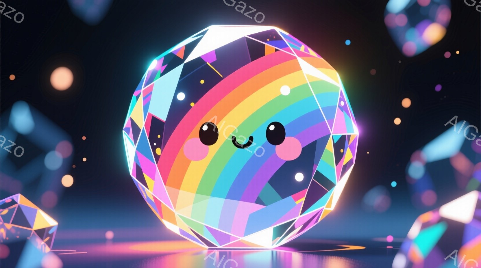 虹色の多面体ダイヤモンドが、つぶらな瞳と微笑みを浮かべている。背景は暗く、光の反射や他の多面体のかけらが散りばめられており、未来的な雰囲気を醸し出している。全体的にポップで可愛らしい印象を与える、幻想的な光景である。