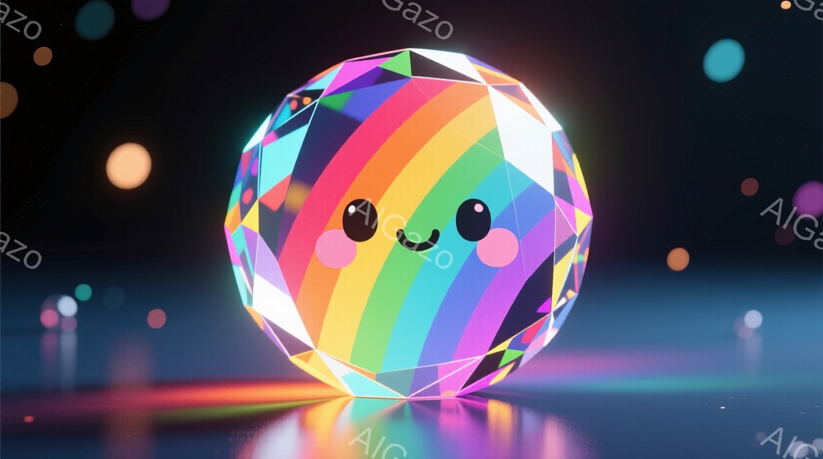 3Dグラフィックス技術を使ったキャラクターを表示している。このキャラクターは幼稚な外観で、ボール形状の物体に描かれており、顔は中央部分にあり、大きな目を持ち、表情は幸せそう。キャラクターは色彩豊かなダイヤモンドのように描かれており、環境には宇宙や星のようなデザインを持つ光点がある。全体として、雰囲気は夢のようで幸せそうで、クリエイティブかつ洗練されたデザインが特徴。