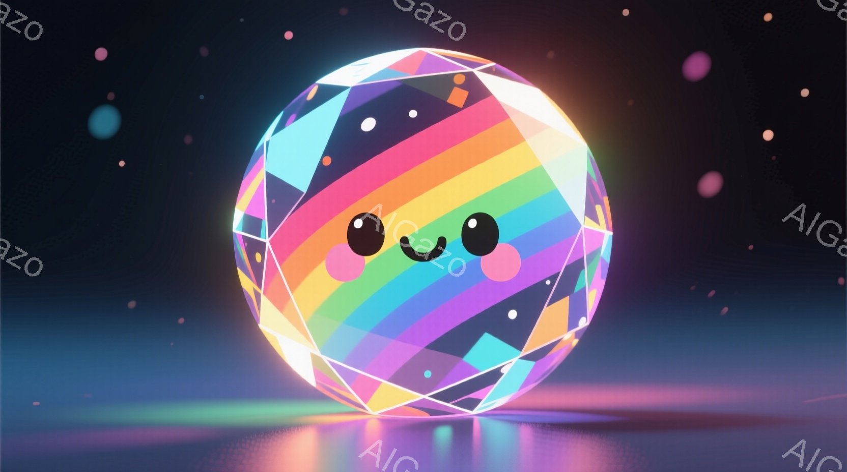 多面体で構成された、虹色の球体が中央に浮かんでいます。可愛らしい笑顔と丸い頬が特徴で、光沢のある表面が印象的です。背景は暗く、いくつかの小さな光点が散りばめられており、球体が発光しているかのように見え - AI生成フリー素材