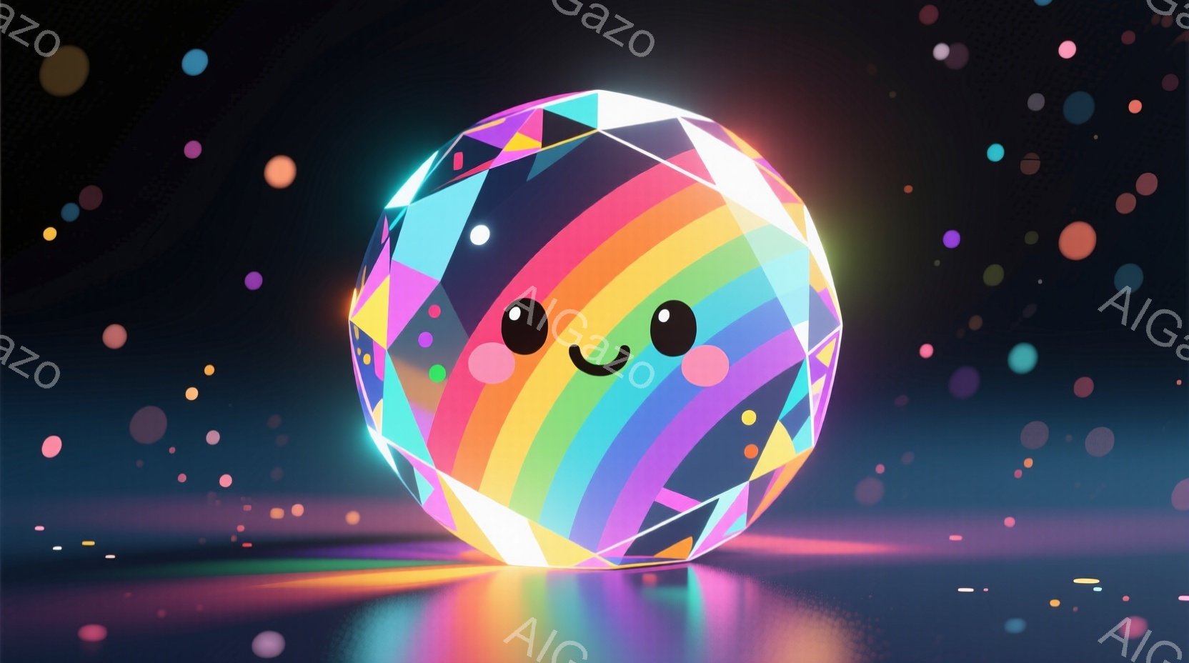 色とりどりの虹色の多面体ダイヤモンドが、つややかな表面で輝いている。丸い黒い瞳と、愛らしい笑顔が特徴で、親しみやすい印象を与える。背景は暗いグラデーションの中に、散りばめられたカラフルな光の粒子で、幻想的な雰囲気を醸し出している。