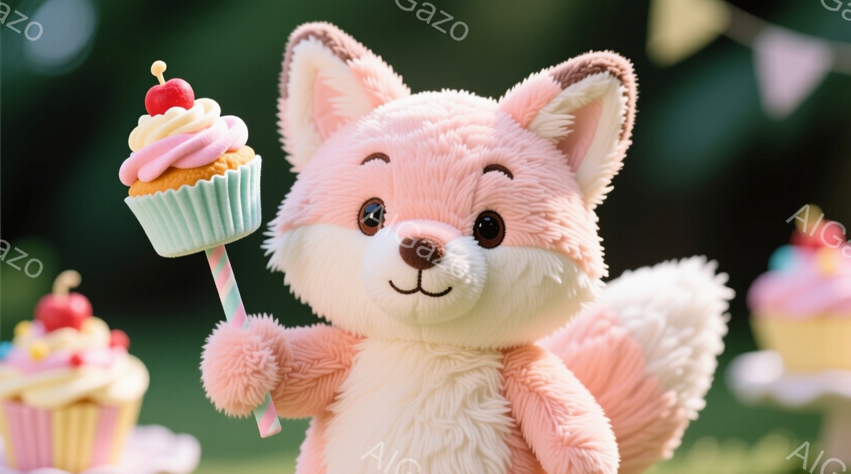 ふわふわのピンク色のキツネのぬいぐるみは、片手にクリームと赤いチェリーが飾られたカップケーキを持っています。背景には他のカップケーキがぼんやりと見え、緑色の芝生の上に置かれています。全体的に明るく、お - AI生成フリー素材
