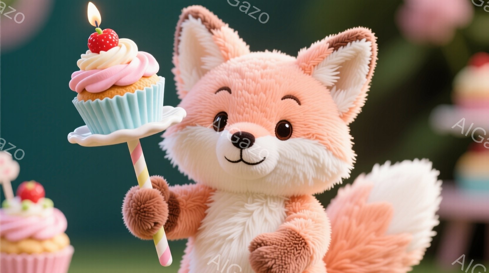 明るいオレンジ色のふわふわしたキツネが、片手に大きなカップケーキを持っています。キツネは微笑んでおり、可愛らしい表情をしています。背景にはぼやけた緑と他のカップケーキが見え、お祝いや楽しい雰囲気を醸し - AI生成フリー素材