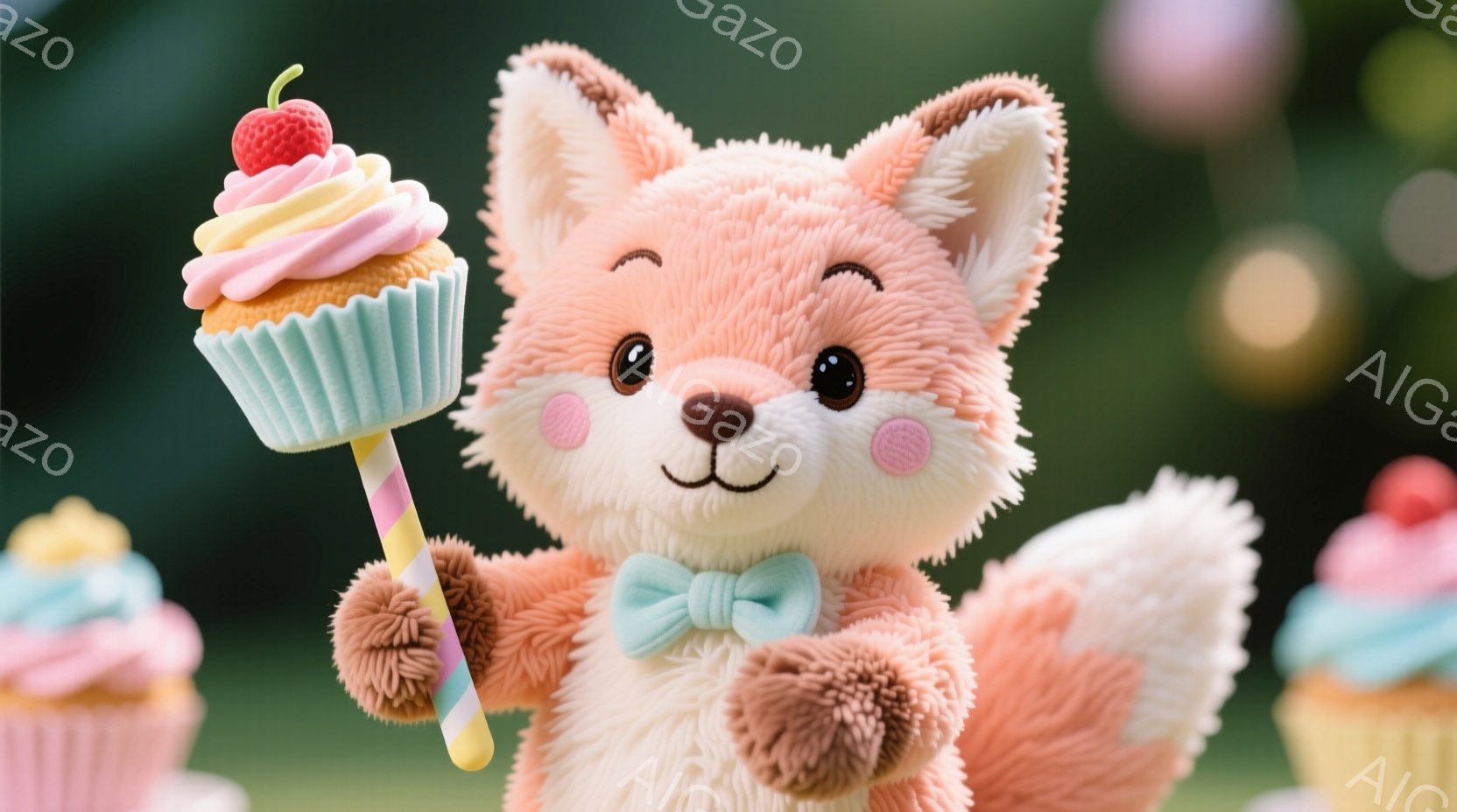 鮮やかなオレンジ色のふわふわしたキツネのぬいぐるみは、ターコイズブルーのリボンをつけて微笑んでいます。片方の前足で、カラフルなクリームとイチゴが飾られたカップケーキを持っています。背景にはぼやけた緑色 - AI生成フリー素材