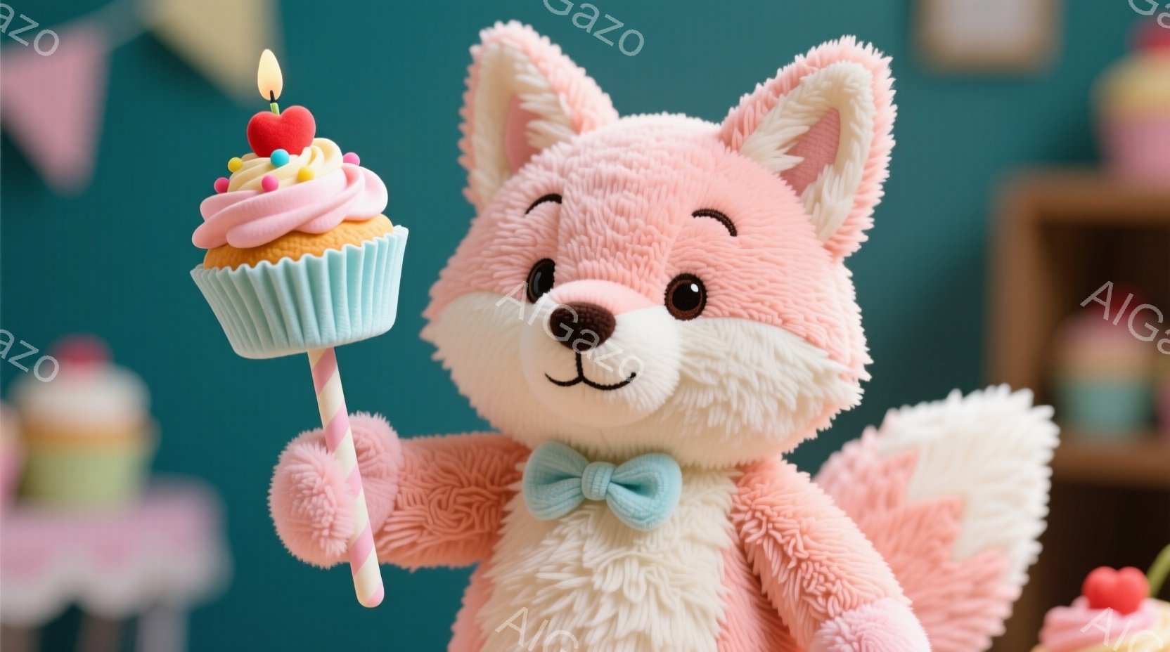 ふわふわのピンク色の狐のぬいぐるみは、水色のリボンを付け、片手に可愛らしいクリームとイチゴのデコレーションがされたカップケーキを持っています。ぬいぐるみは正面を見据え、優しく微笑んでおり、背景にはパス - AI生成フリー素材