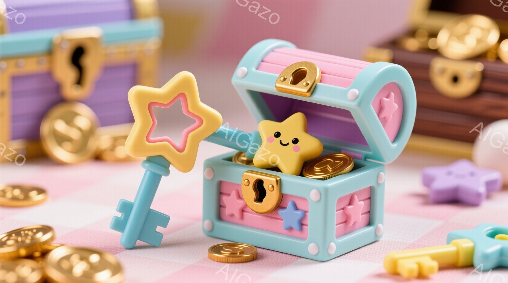 パステルカラーの宝箱が、開いて金貨と星の形をしたかわいいキャラクターを収容しています。背景には、他の宝箱、金貨、星の形をしたおもちゃが散らばっており、全体的に夢のような、遊び心のある雰囲気を醸し出しています。明るいピンクと水色のチェック柄の背景が、可愛らしさをさらに強調しています。