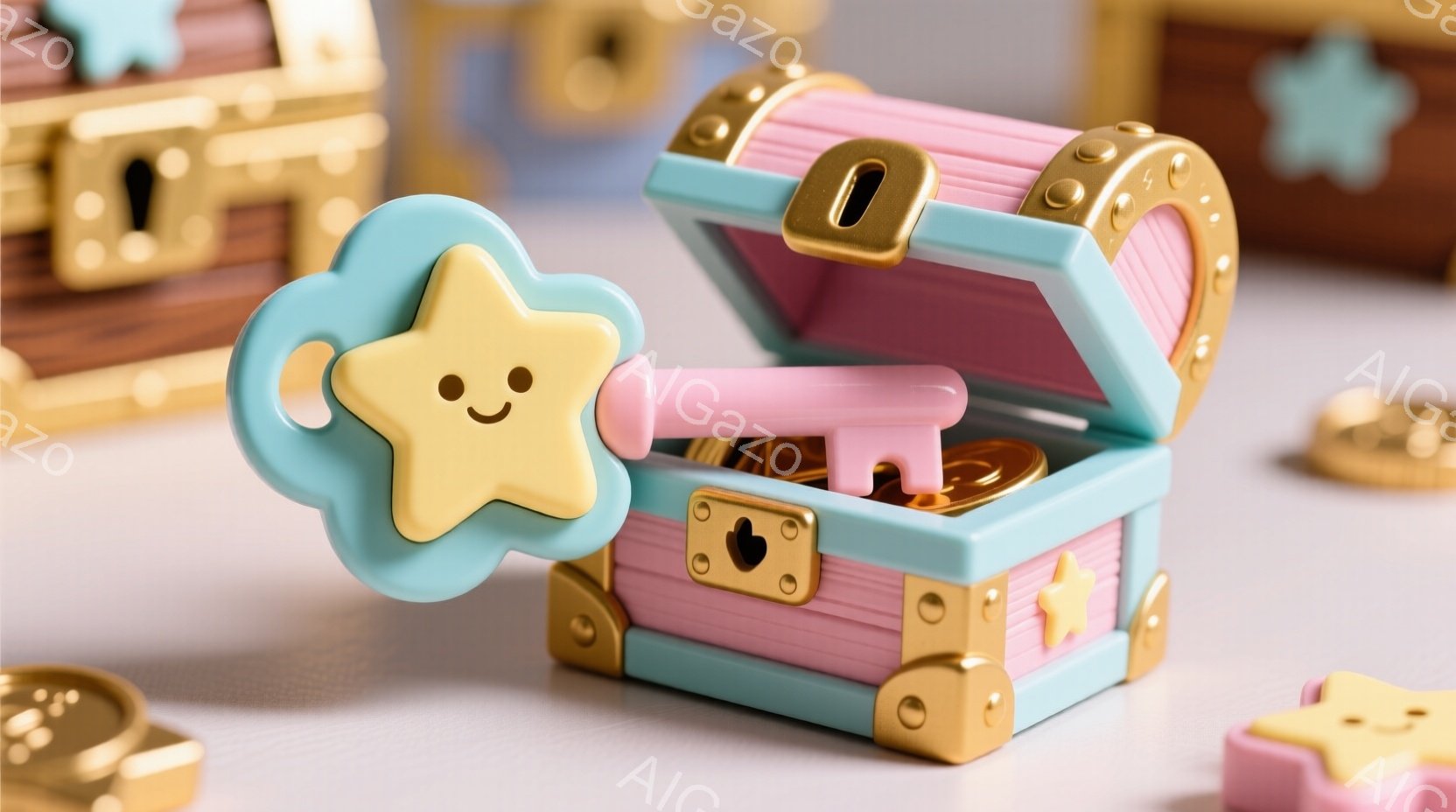淡い水色の宝箱が、開いた状態で描かれています。鍵穴には、ピンク色の星型の可愛らしい鍵がかかっています。背景には、同様の宝箱と星型の飾りがあり、全体的に夢のような、優しい雰囲気です。