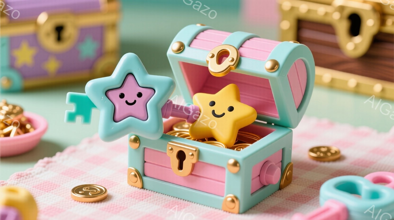 淡いターコイズブルーの宝箱が開いており、中には金色のコインと、ピンクと黄色の笑顔の星型のおもちゃが入っています。宝箱の周りには、同様の色のパズルピースと、別の宝箱が見え、背景には淡いピンク色の市松模様の布があります。全体的に、パステルカラーで可愛らしい雰囲気の、おもちゃの写真です。