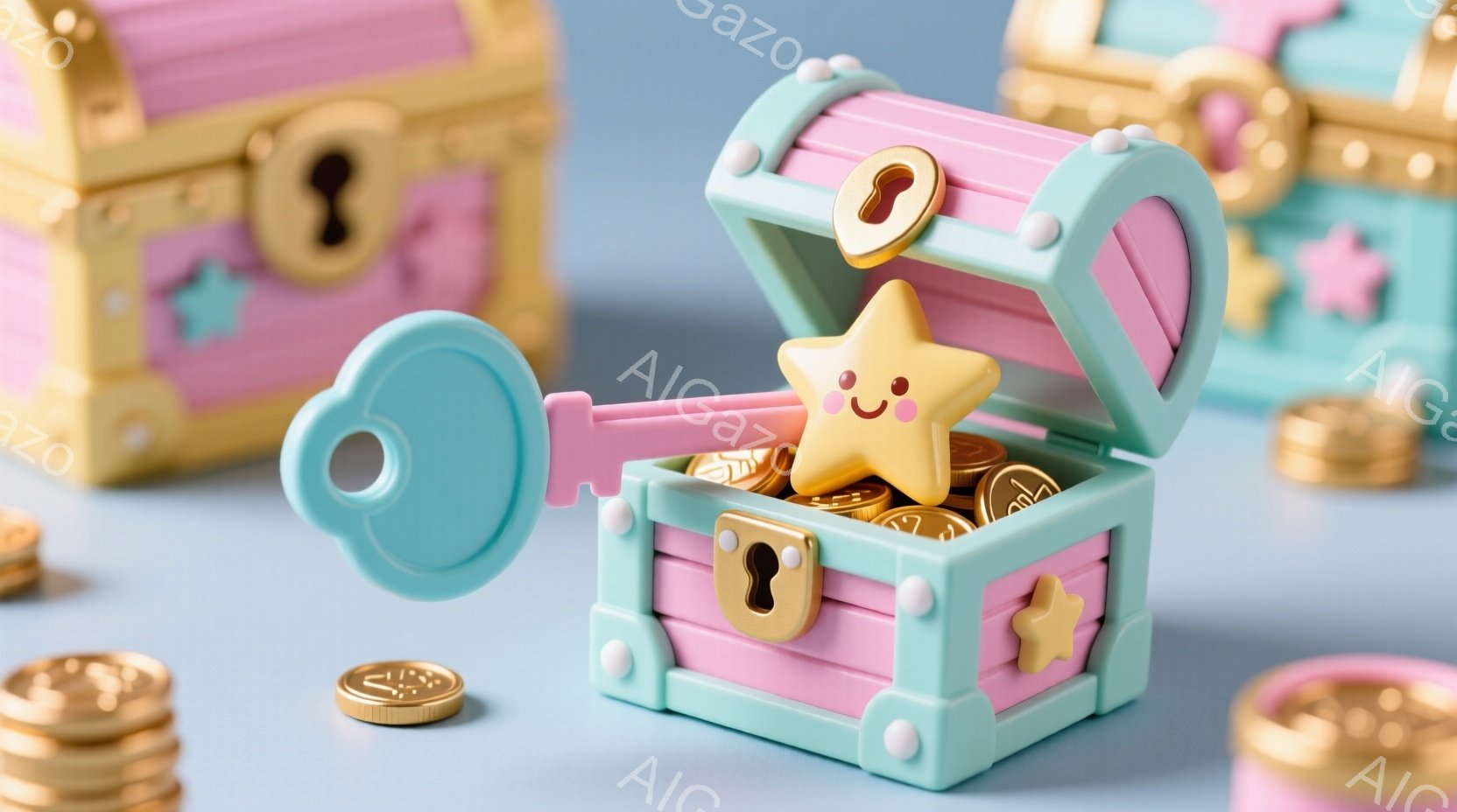 淡い水色の宝箱が、開いて中からキラキラと輝く金色のコインと笑顔の星がこぼれ出している様子が描かれている。箱はピンク色の内側と鍵穴が特徴で、背景には同様の宝箱と金貨の山がぼんやりと見える。全体的にパステルカラーで、おもちゃのような可愛らしい雰囲気で、夢のある宝探しを連想させる。