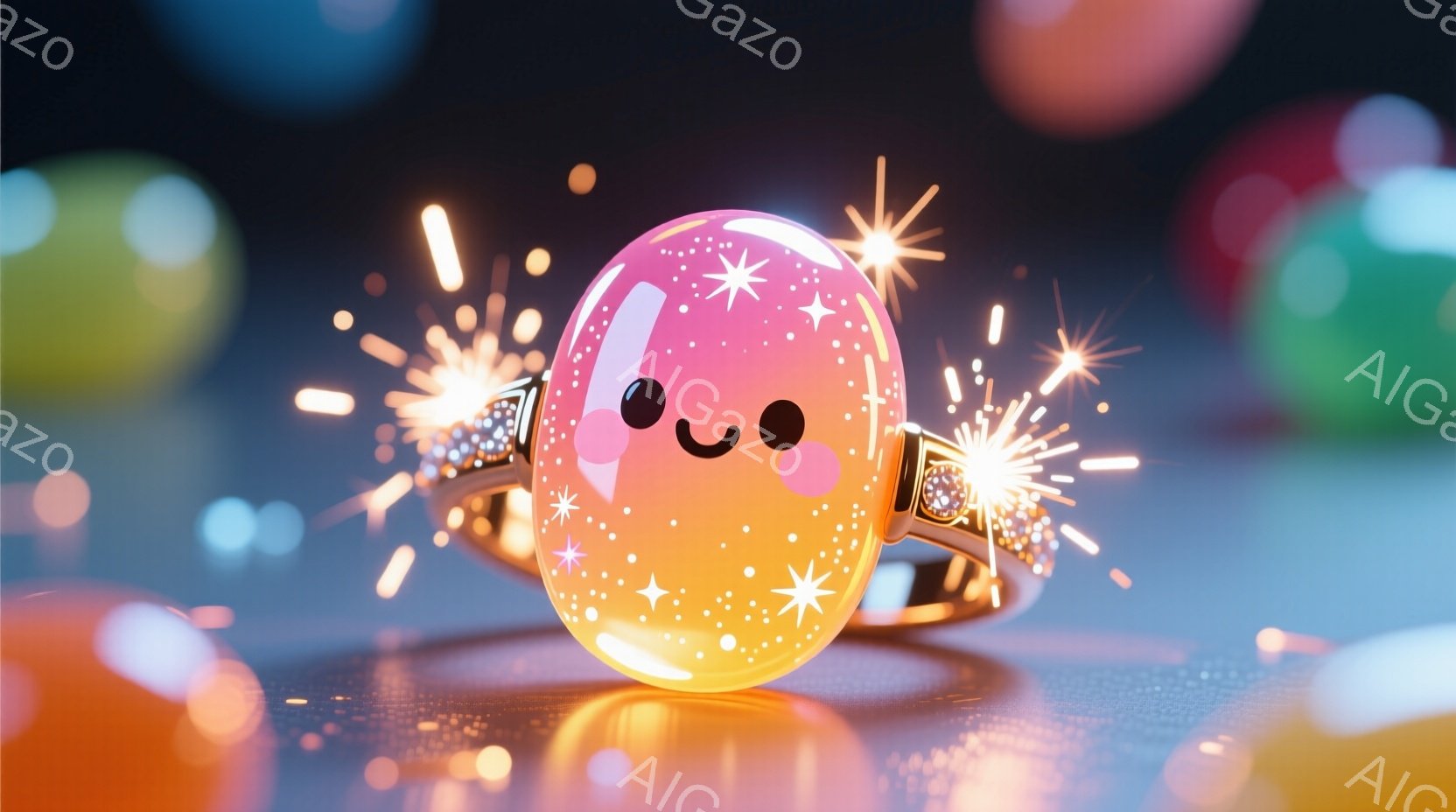 鮮やかなオレンジとピンクのグラデーションがかった、丸い宝石のようなものが、きらびやかな指輪に取り付けられています。その宝石には愛らしい笑顔が描かれており、周りには小さな星が散りばめられています。背景にはぼやけた色の球がいくつか見え、指輪の周りには花火のような光が輝き、幻想的で楽しい雰囲気を醸し出しています。