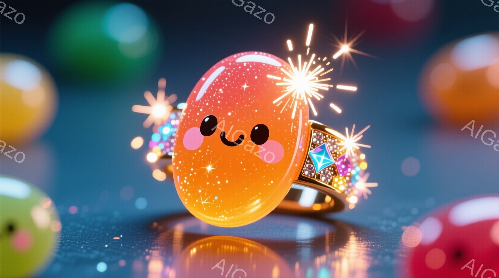 明るいオレンジ色のゼリーのような物体が、きらびやかな宝石が散りばめられた金色の指輪を身につけています。周りには、星屑のような光の粒子が舞い、背景にはぼやけた色の球体が見え、幻想的で遊び心のある雰囲気を醸し出しています。指輪とゼリー状の物体から放たれる光の花火は、祝祭的で楽しい気持ちを表現しています。