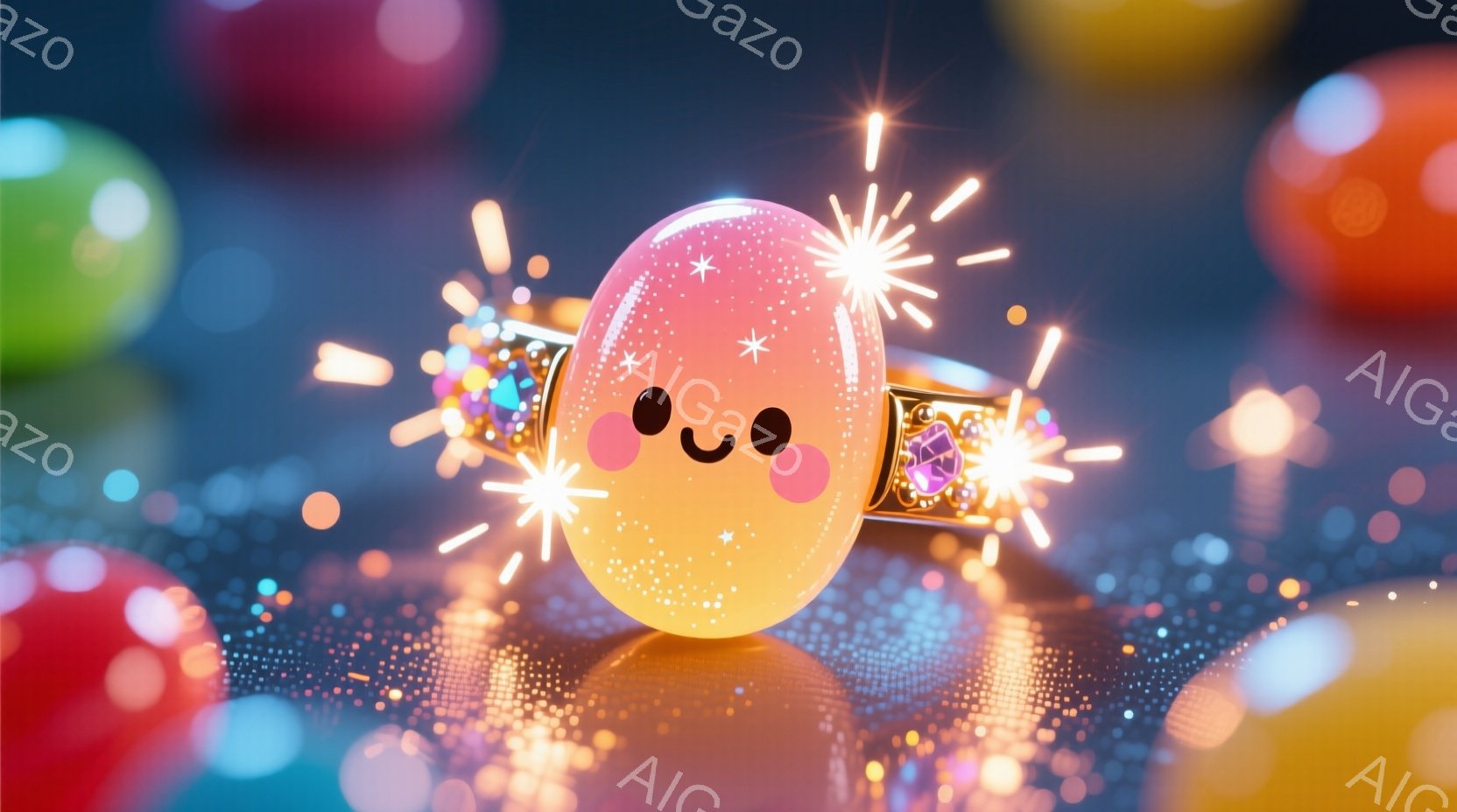 輝く黄色の卵のようなキャラクターが、キラキラと光る青色の背景に浮かんでいます。可愛らしい表情で、頬は赤く、黒い丸い目が特徴です。背景には、ぼやけた色の球体や光の粒子が散りばめられ、ファンタジーで夢幻的な雰囲気を醸し出しています。