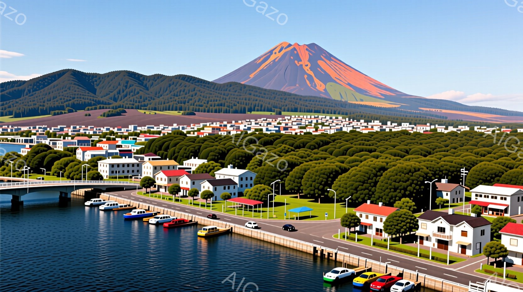 鮮やかな青い水面と緑豊かな丘陵が広がり、その背後に富士山のような円錐形の山がそびえ立っています。沿岸にはカラフルなボートが並び、道路には数台の車が走っており、可愛らしい家々が密集して建ち並んでいます。全体的に穏やかで平和な雰囲気で、おとぎ話のような美しい風景です。