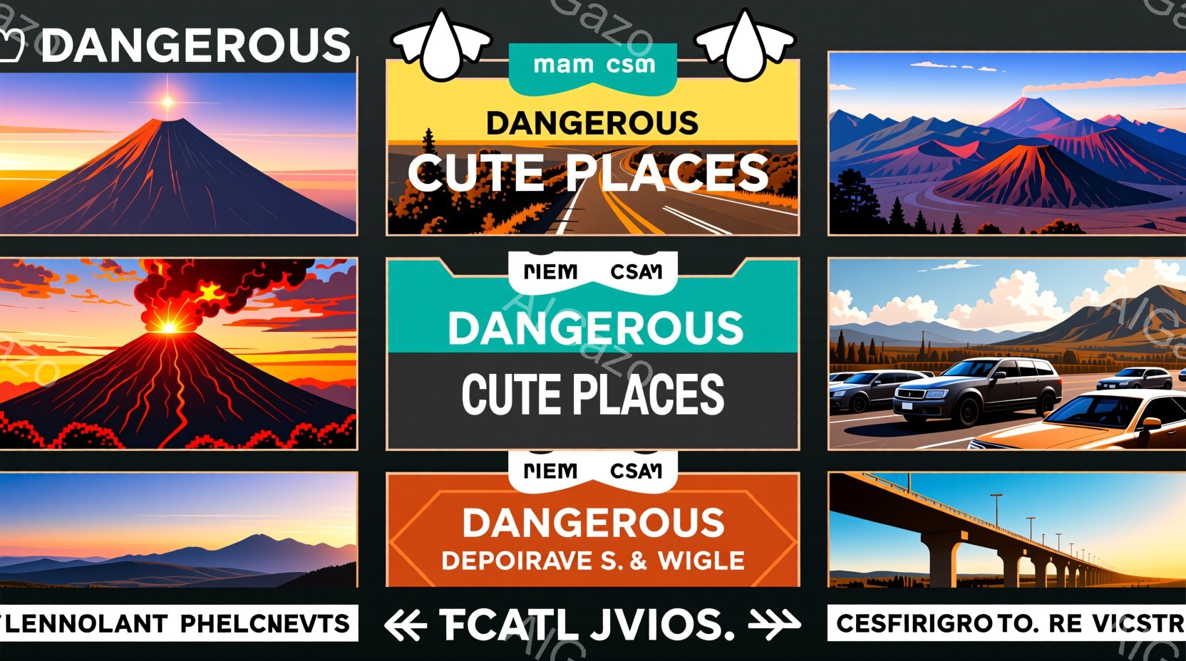 4つの異なる風景のコラージュで構成されています。最初の画像は、夕焼けを背景にした活火山で、山頂から赤い光が噴き出しています。2番目の画像は、森林に囲まれた曲がりくねった道路で、遠くに山々が広がっています。3番目の画像は、高速道路に並ぶ車の列で、背景には山々が見えます。4番目の画像は、夕暮れ時の橋で、水面にその姿を映し出しています。