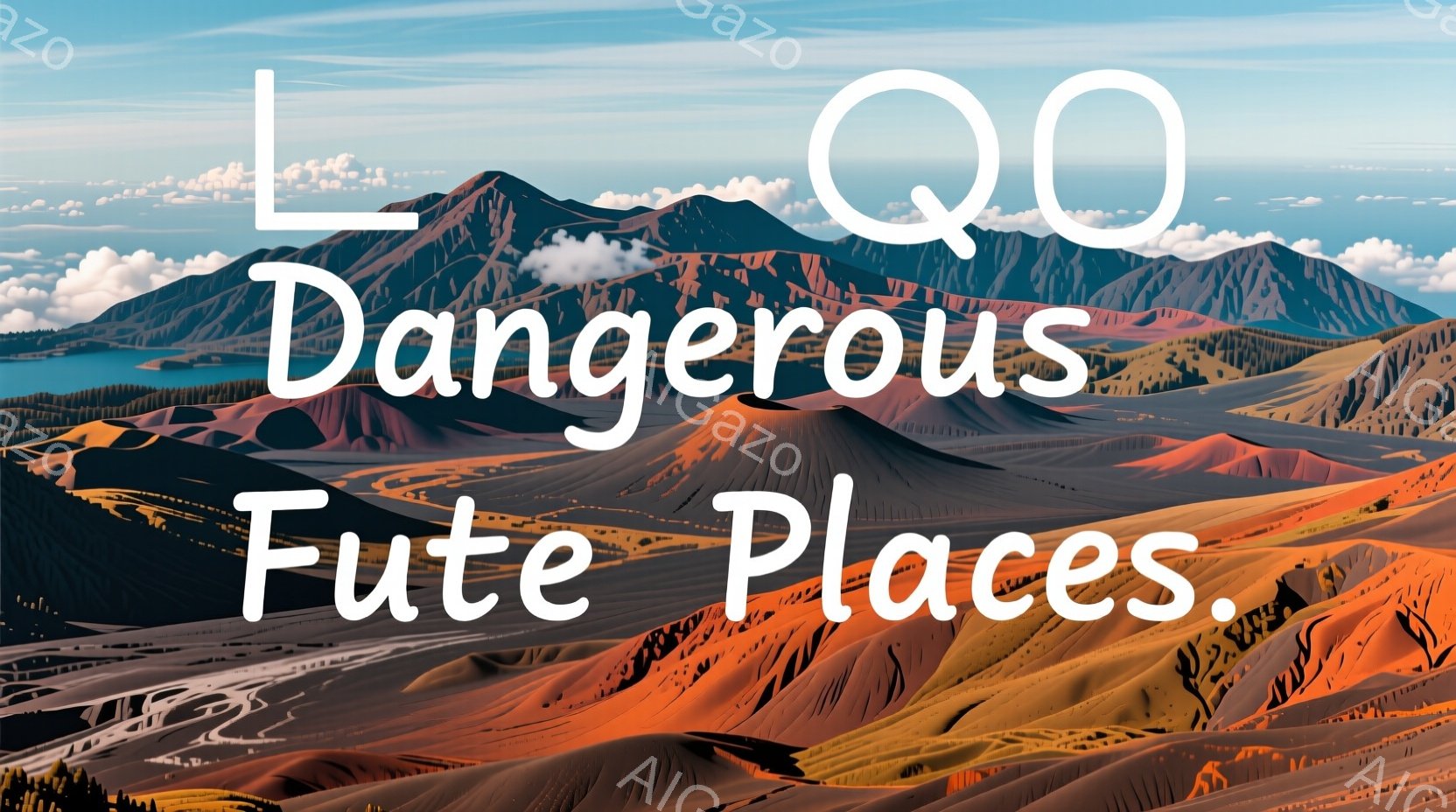 広大な火山性の地形が広がっており、赤、茶色、緑色の縞模様が特徴的です。遠景には雲に覆われた山々が見え、空には白い雲が浮かんでいます。全体的に荒涼とした、地球の力強さを感じさせる風景です。