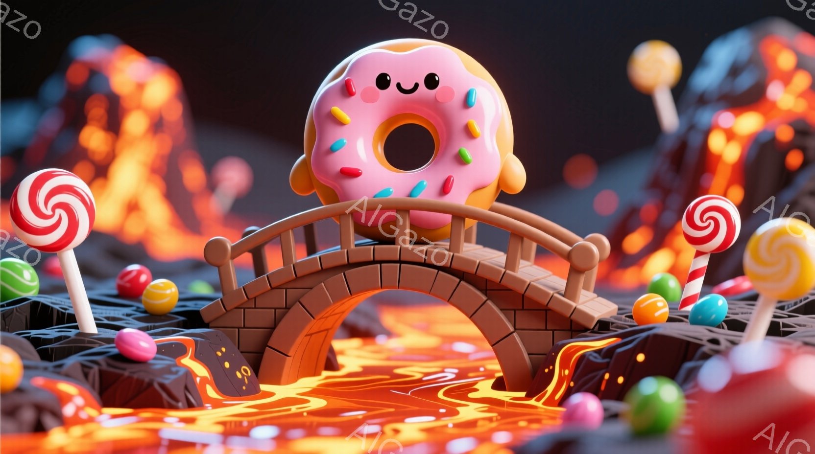 鮮やかなピンク色のドーナツが、溶岩のようなオレンジ色の液体が流れる風景の中に架かる小さなアーチ橋の上に座っています。周りにはカラフルなキャンディやチョコレートが散らばり、背景には溶岩の柱のようなものが立ち並び、まるでファンタジーの世界のようです。ドーナツは笑顔で、可愛らしい表情をしています。