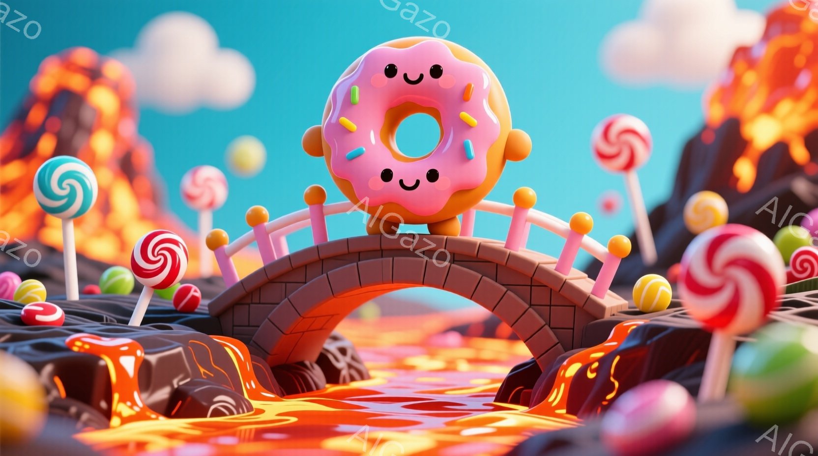 明るいピンク色のドーナツがアーチ状のチョコレート色の橋の中央に立っており、可愛らしい顔と大きな目、そしてわずかな笑顔をしています。背景にはカラフルなキャンディが点在し、溶けたチョコレートのような流れと、溶岩のような岩の山々が広がっています。全体的に、遊び心があり、夢のような、お菓子の国を思わせる雰囲気です。
