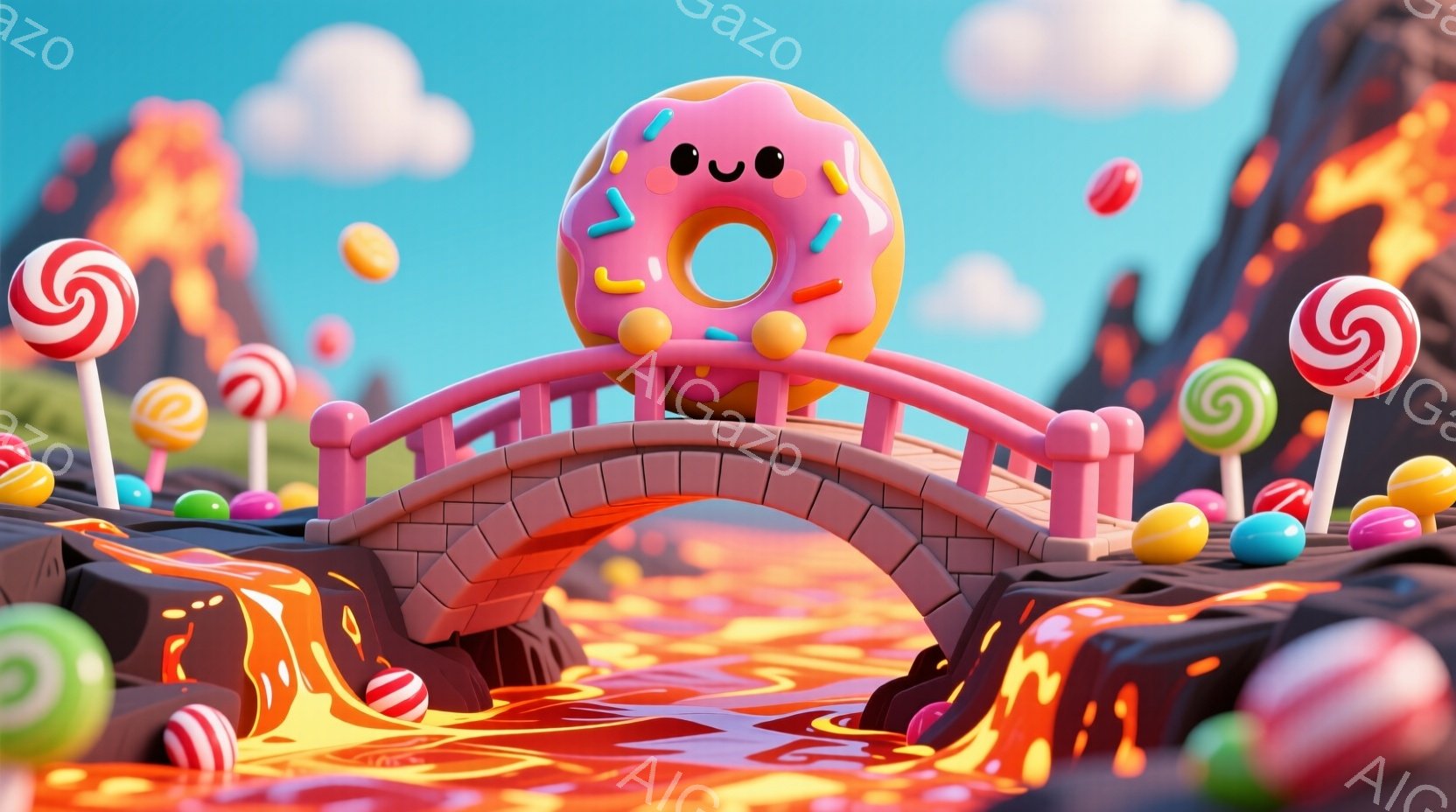 鮮やかなピンク色のアーチ橋の上には、笑顔のドーナツが立っています。背景には溶岩が流れる黒い岩と、カラフルなキャンディや赤い火山が点在し、空にはふわふわとした雲が浮かんでいます。全体的に明るく、お菓子の - AI生成フリー素材