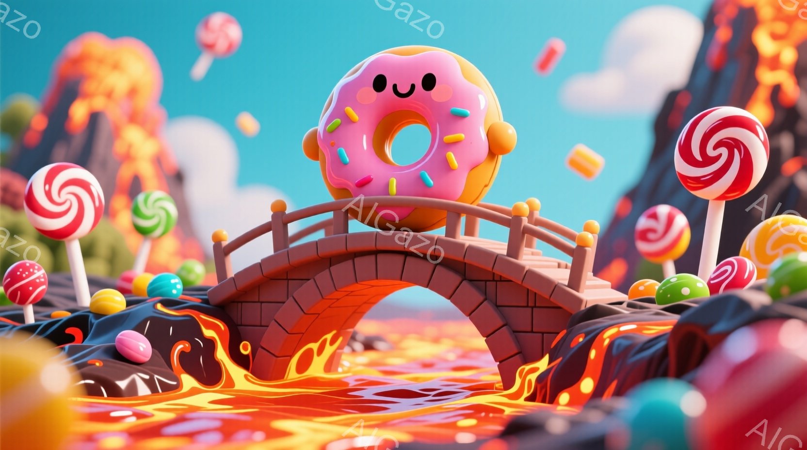 カラフルなキャンディとドーナツが浮かぶ、ファンタジーの世界が描かれています。アーチ型の橋の上に笑顔のドーナツが立っており、背景には溶岩のような流れと、キャンディで覆われた山々が見えます。全体的に明るく、遊び心に満ちた、お菓子のような雰囲気です。