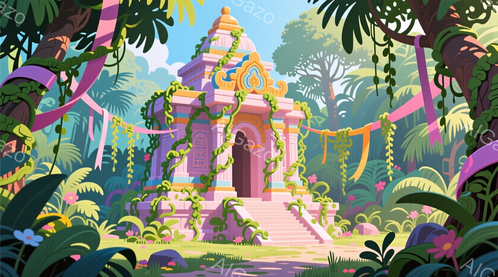 鮮やかなピンク色の寺院が、緑豊かなジャングルの中にそびえ立っています。寺院は階段でアクセスでき、蔓や花が装飾として使われています。背景には様々な熱帯植物が生い茂り、全体的に幻想的で冒険心くすぐる雰囲気 - AI生成フリー素材