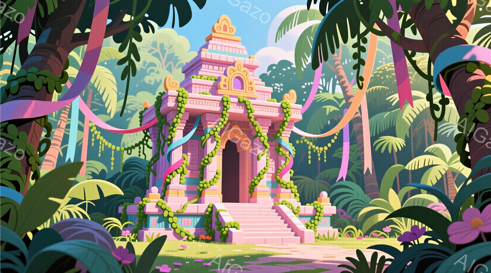鮮やかなピンク色の神殿が、緑豊かなジャングルの奥深くに建っています。神殿は複雑な彫刻で飾られ、ピンクと薄紫色の組み合わせが幻想的な雰囲気を醸し出しています。ジャングルの緑、ピンク色の神殿、そして紫色の装飾が調和し、明るくおとぎ話のような雰囲気を作り出しています。