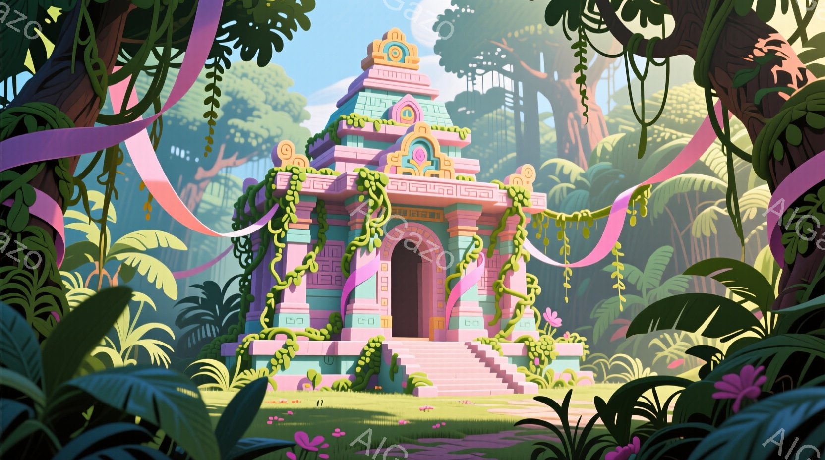 鮮やかなピンクとターコイズブルーの神殿が、緑豊かなジャングルの中に建っています。神殿は階段状になっており、植物が絡みつき、周囲の自然と一体化しています。明るい日差しが差し込み、神秘的で幻想的な雰囲気を醸し出しています。