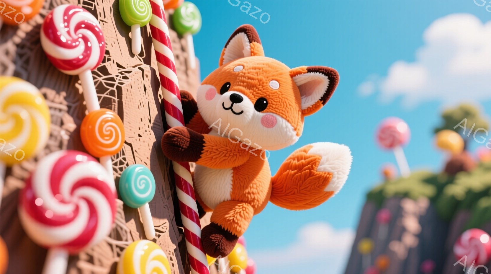 明るい晴天の下、オレンジ色の毛並みの小さなキツネが、巨大なキャンディの柱に寄りかかっている様子が描かれている。キツネは丸い茶色の目と微笑みを浮かべ、片足を上げてリラックスした姿勢を見せている。背景には - AI生成フリー素材