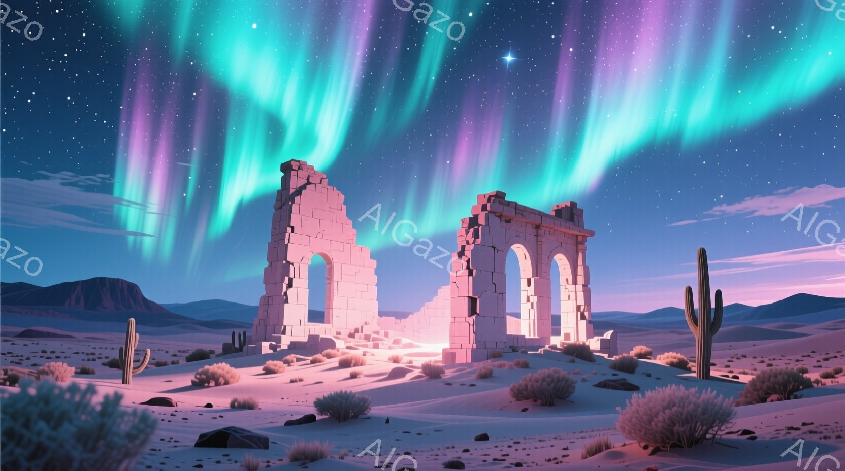 砂漠の中に、崩れかけたアーチ状の遺跡がそびえ立っている。背景には山々が連なり、空にはオーロラのような光の帯が幻想的に広がっている。全体的に、静寂で神秘的な雰囲気が漂う風景である。 - AI生成フリー素材