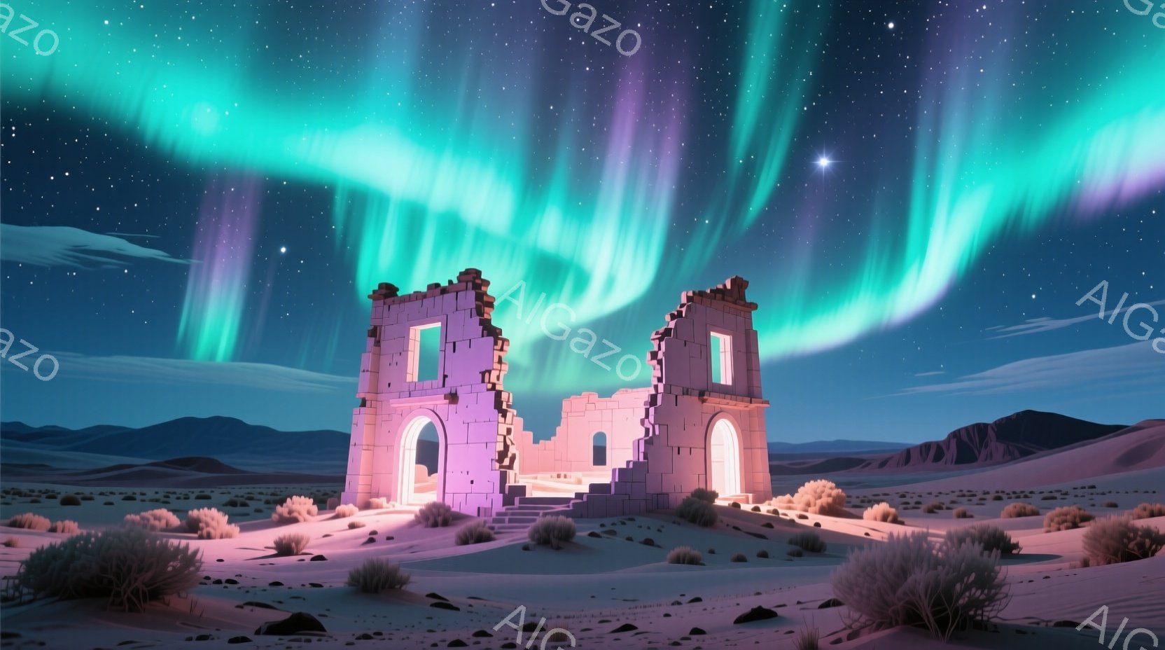 広大な砂漠の中に、崩れかけた石造りのアーチがそびえ立っています。夜空には、緑と紫が混ざり合ったオーロラが幻想的な光を放ち、遠くにはぼんやりとした山並みが確認できます。砂漠には低い灌木が点在し、全体的に静寂で神秘的な雰囲気を醸し出しています。