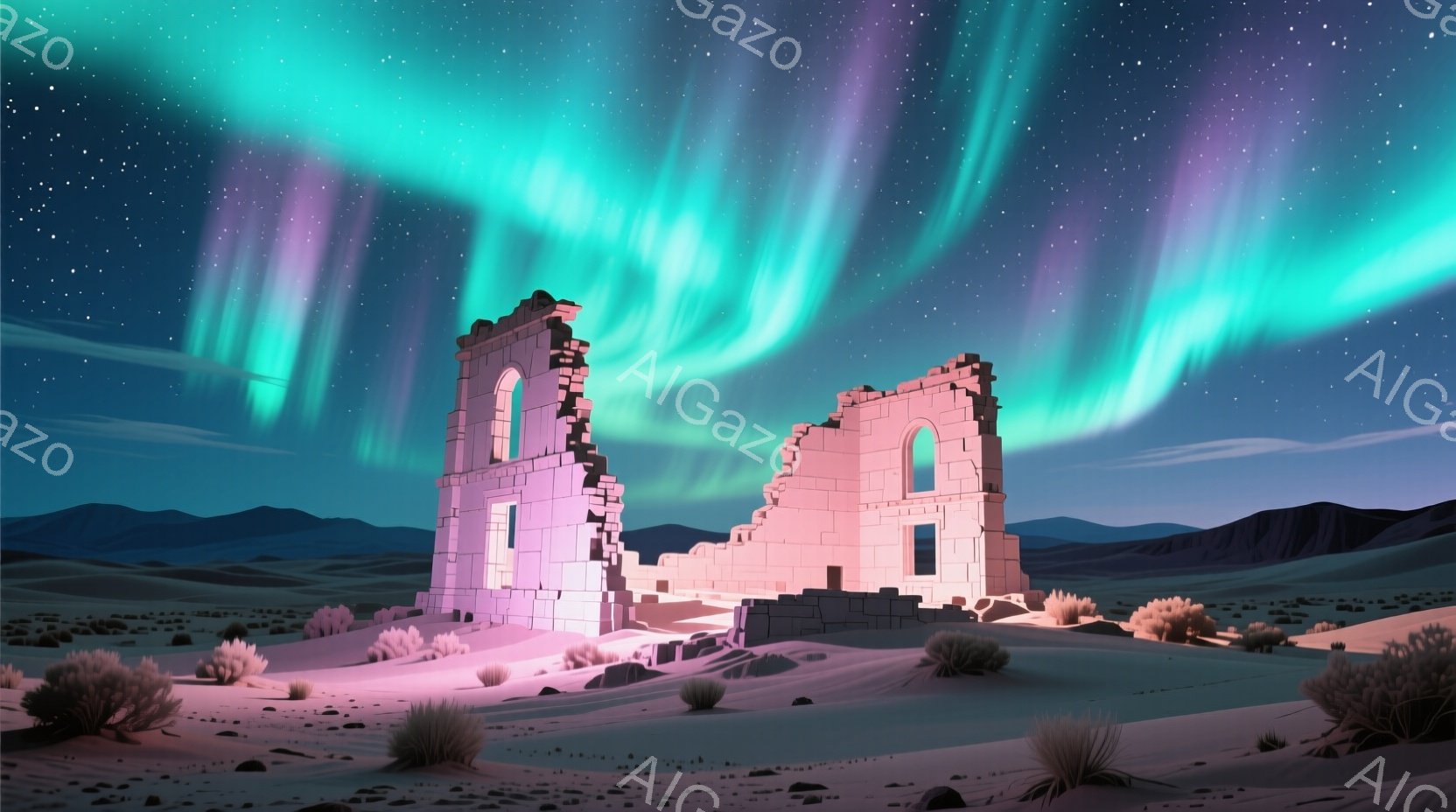 荒涼とした風景の中に、崩れかけた石造りの建物がそびえ立っている。オーロラのような緑と紫の光が夜空を彩り、建物と周囲の岩場を淡い光で照らしている。遠くには山並みがぼんやりと見え、全体的に静寂で神秘的な雰囲気を醸し出している。