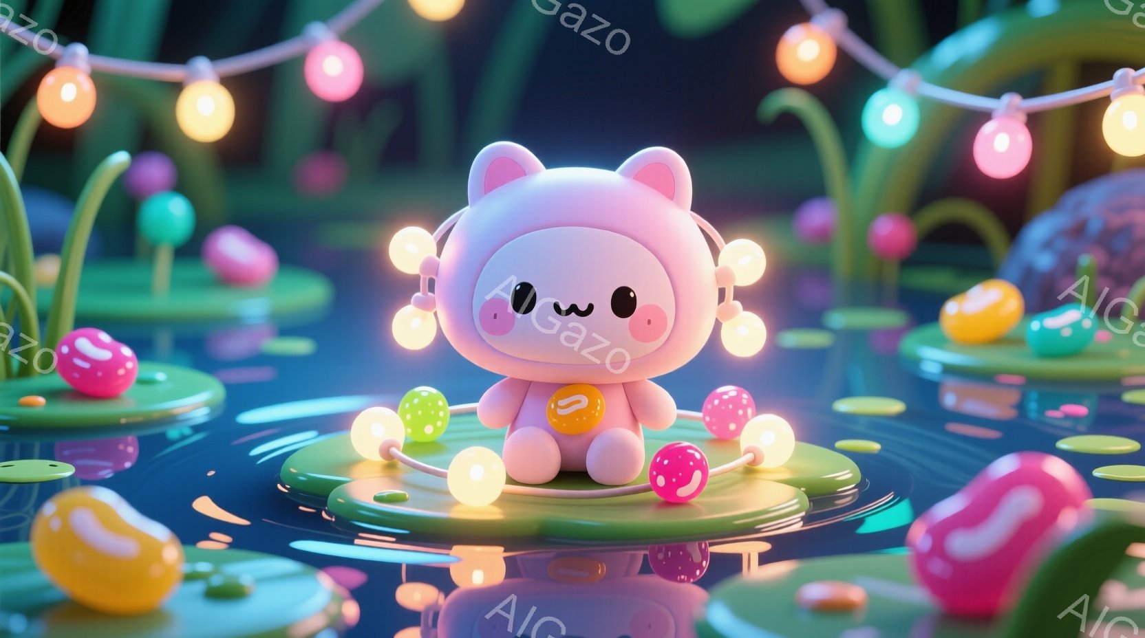 ふわふわしたピンク色のウサギのキャラクターが、水面に浮かぶ蓮の葉の上に座っています。キャラクターは小さな白い服を着ており、顔には控えめな笑顔が浮かんでいます。背景には、さまざまな色のキャンディのような - AI生成フリー素材