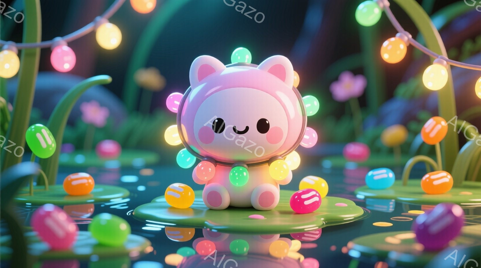 ふわふわとしたピンク色のパーカーを着た小さなキャラクターが、水面に浮かぶ緑の葉の上に立っています。キャラクターは丸みを帯びた体型で、大きな目を持ち、微笑んでいます。背景には、色とりどりの光る玉と水面に - AI生成フリー素材