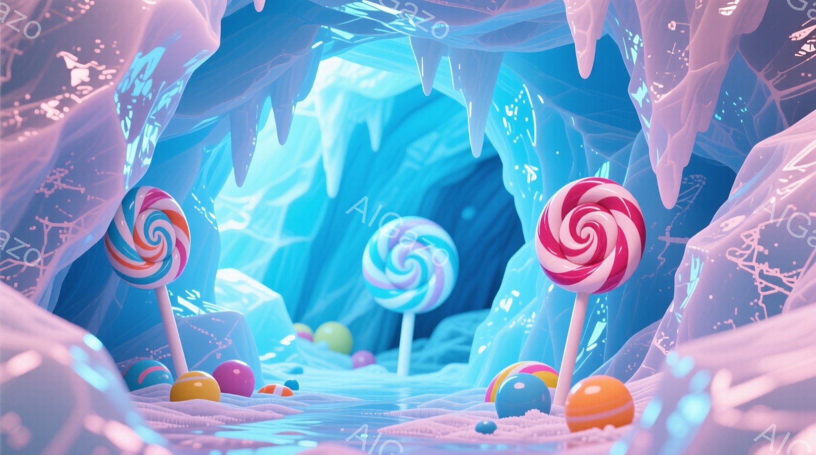 洞窟内にカラフルなキャンディが散りばめられ、まるで夢のような光景が広がっています。壁面は氷の結晶のような形状で覆われ、青と紫のグラデーションが幻想的な雰囲気を醸し出しています。床面は雪のような白い粉で覆われ、キャンディの色が鮮やかに映えています。