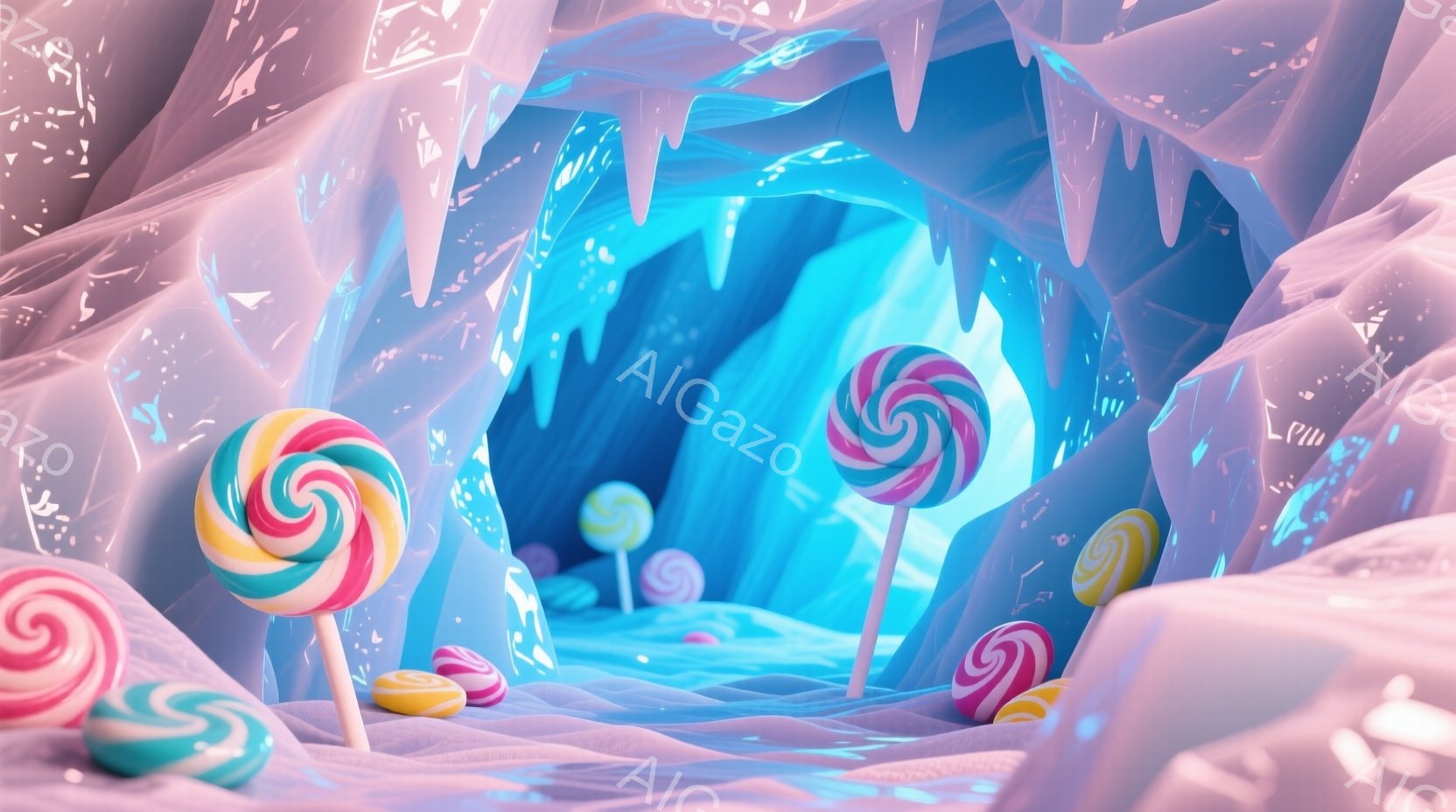 洞窟のような空間に、カラフルなキャンディが点在している様子が描かれている。壁面は青紫色の氷のような質感で、天井からは氷柱が垂れ下がっており、幻想的な雰囲気を醸し出している。床面は波打つようにうねっており、まるでキャンディランドのような世界観を作り出している。