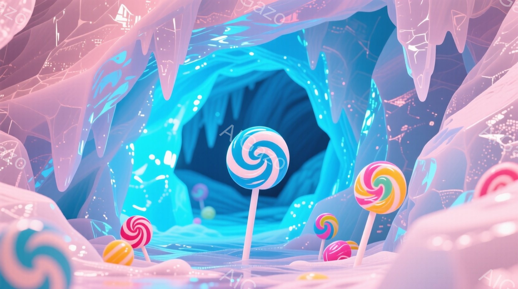 キャンディのような渦巻状の棒が散りばめられた、幻想的な洞窟内部を描いています。洞窟の壁はピンク色の結晶で覆われ、奥へ続く青い光が神秘的な雰囲気を醸し出しています。全体的に甘くて夢のような、遊び心溢れる空間が表現されています。