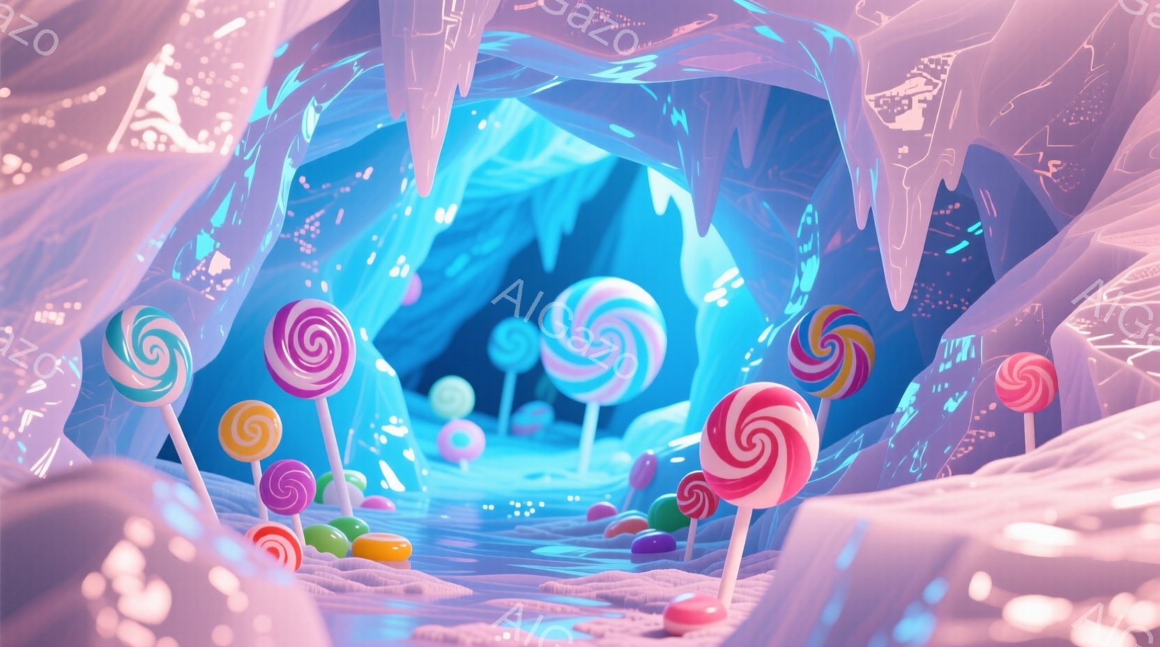 キャンディランドのような幻想的な空間を描いています。ピンクと水色の洞窟のような場所には、巨大な渦巻きキャンディが立ち並び、地面にはカラフルなジェリービーンズが散らばっています。全体的に、甘くて夢のような、遊び心あふれる雰囲気が漂っています。