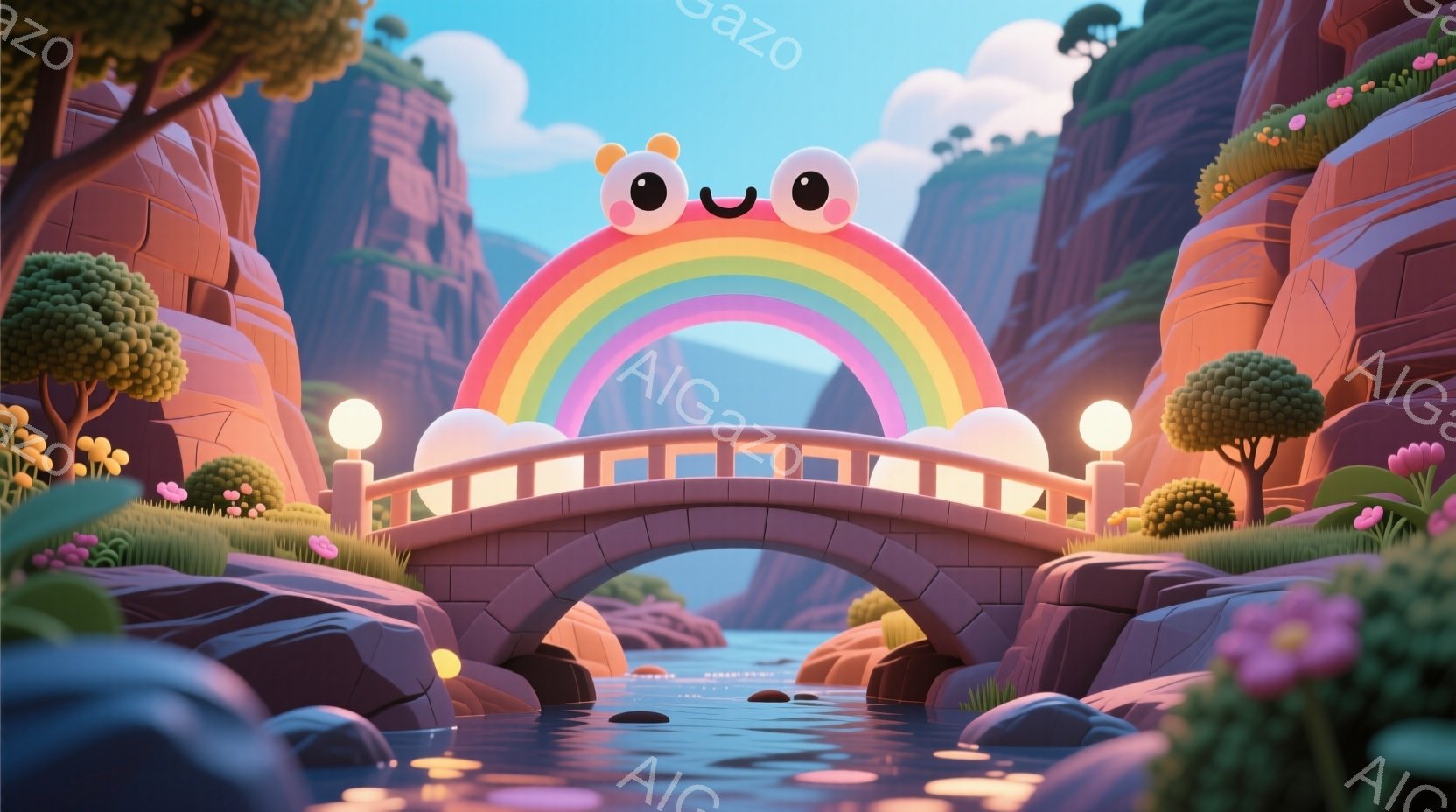 穏やかなピンク色の橋が、緑豊かな風景の中に架かっています。橋の上には、楽しげな笑顔を浮かべた虹が描かれており、背景には穏やかな山々が広がっています。全体的に柔らかい色彩と曲線が特徴で、平和で夢のような雰囲気を醸し出しています。