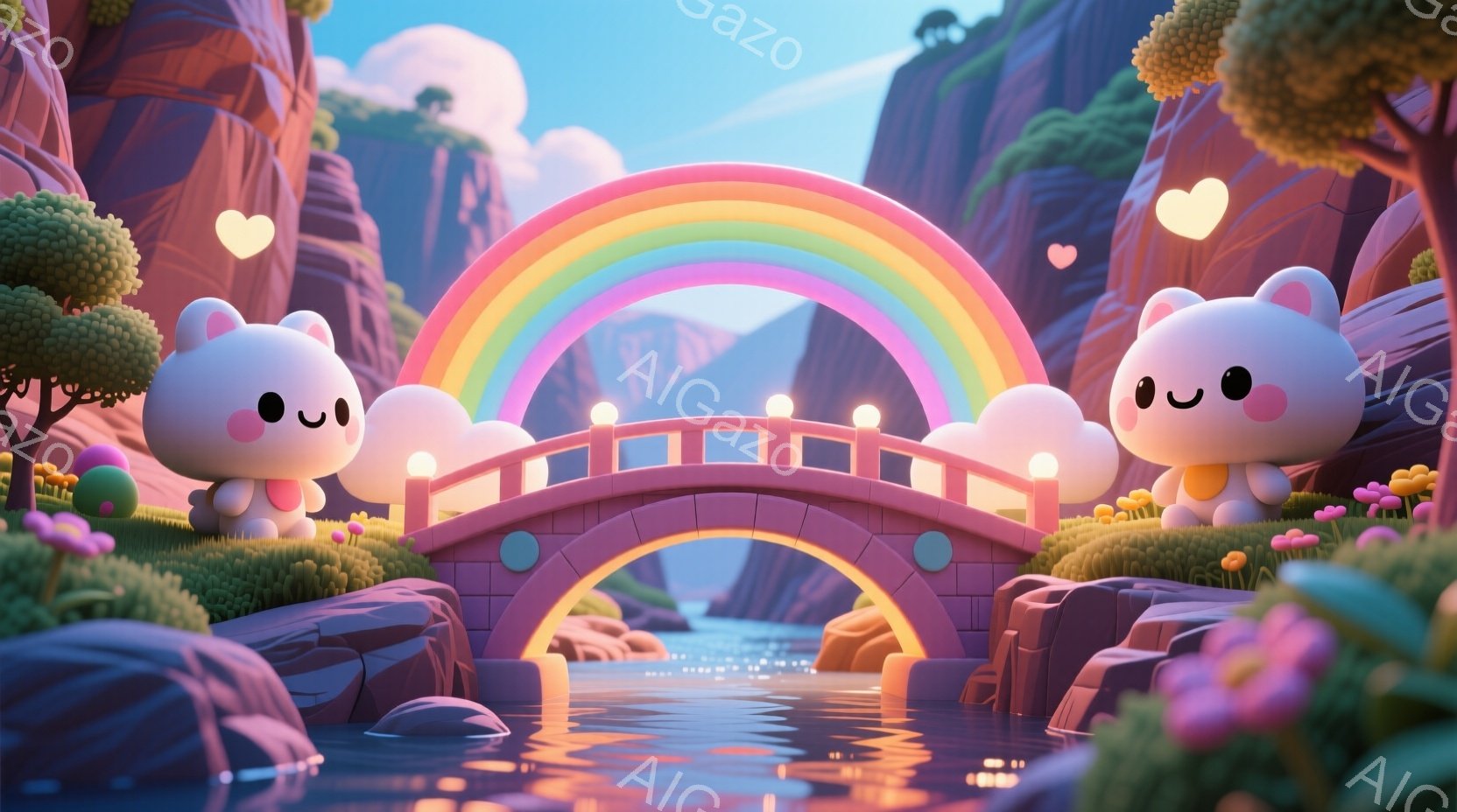 可愛らしいピンク色の橋が、穏やかな川の上にかかっています。橋の両脇には、丸くて白い、大きな耳を持つ、笑顔の生き物が立っており、優しい雰囲気を醸し出しています。背景には紫色がかった山々と、虹がかかり、フ - AI生成フリー素材
