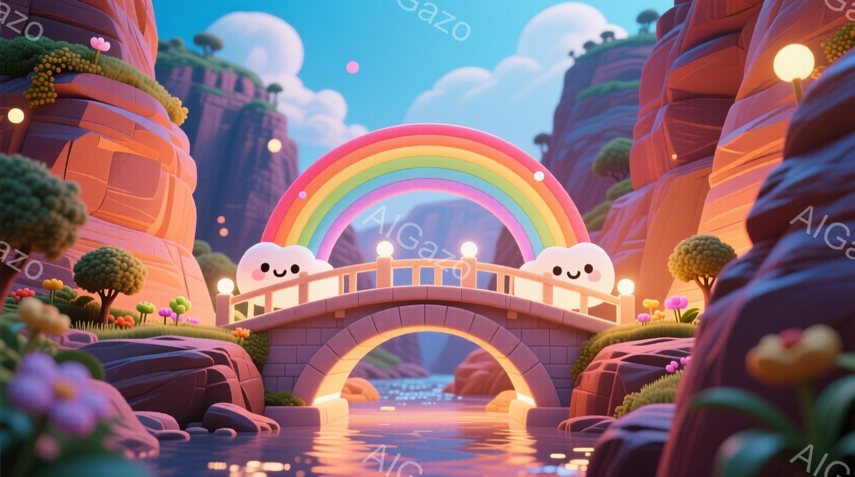 カラフルなアーチ状の橋が、穏やかな水面に架かっています。橋の両端には、笑顔の雲のキャラクターが立っており、周囲は緑豊かな植物と岩場に囲まれ、空には虹がかかっています。全体的に、暖かく、夢のような、牧歌 - AI生成フリー素材